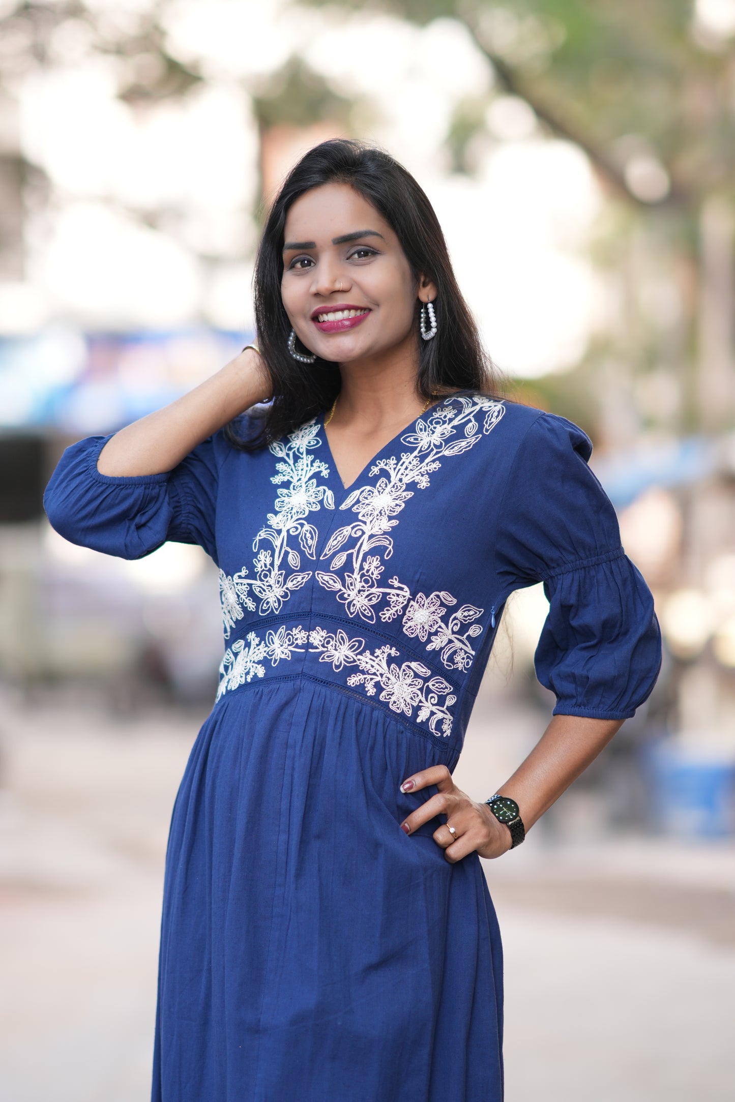 Blue Color Jaipuri Cotton Premium Frock With Embroidery Work