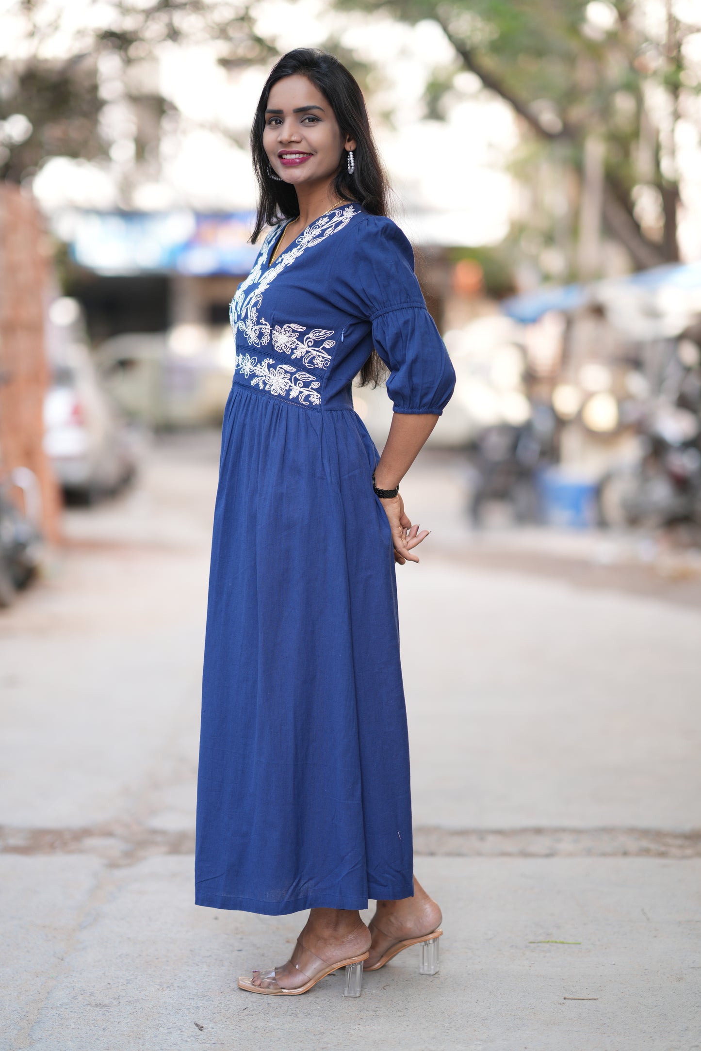 Blue Color Jaipur Cotton Frock With Embroidery Work