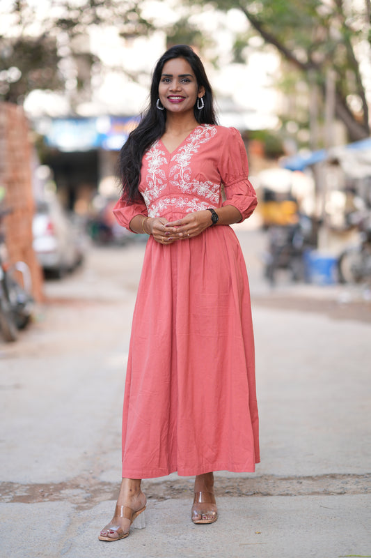 Rust Orange Jaipur Cotton Frock With Embroidery Work
