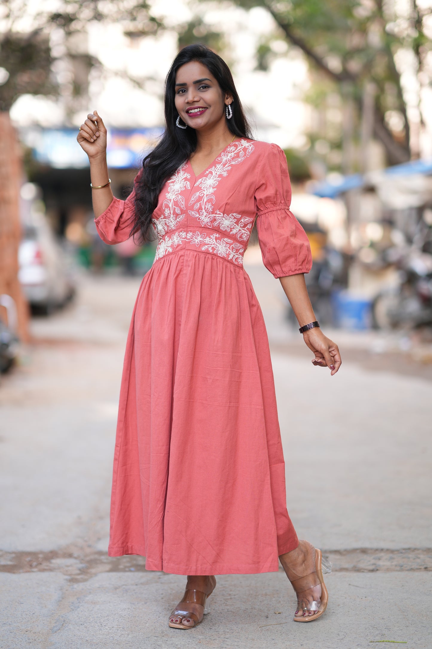 Rust Orange Jaipur Cotton Frock With Embroidery Work