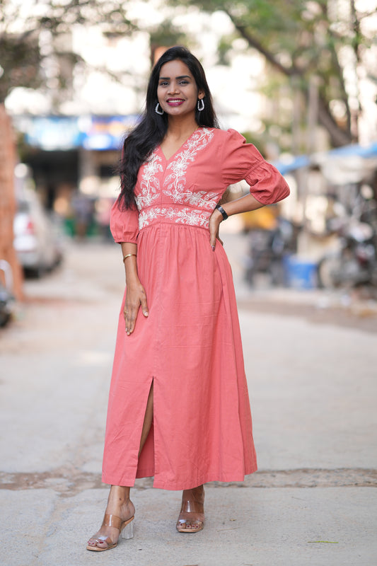 Rust Orange Jaipur Cotton Frock With Embroidery Work