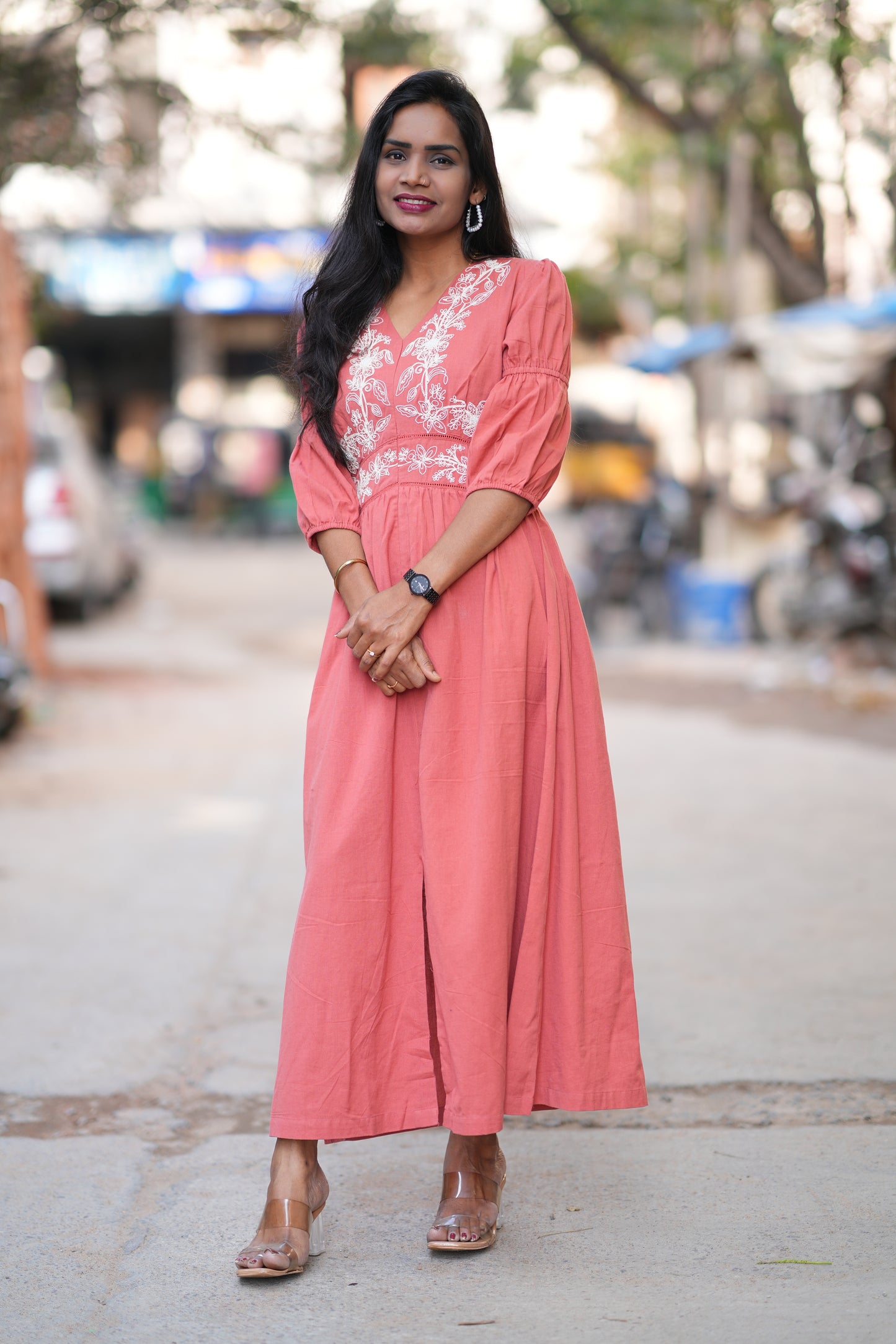 Rust Orange Jaipur Cotton Frock With Embroidery Work