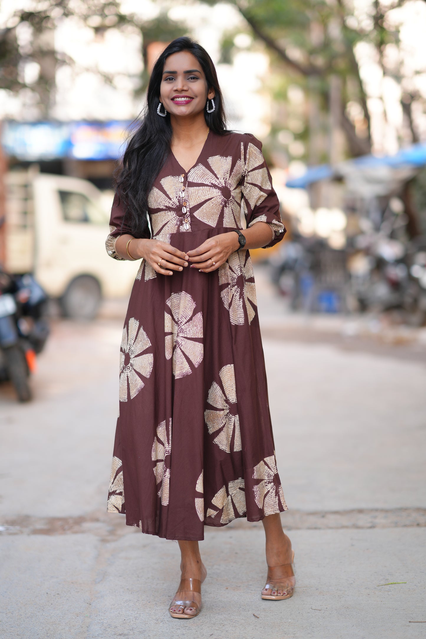 Brown Color Jaipur Cotton Daily Wear Frock