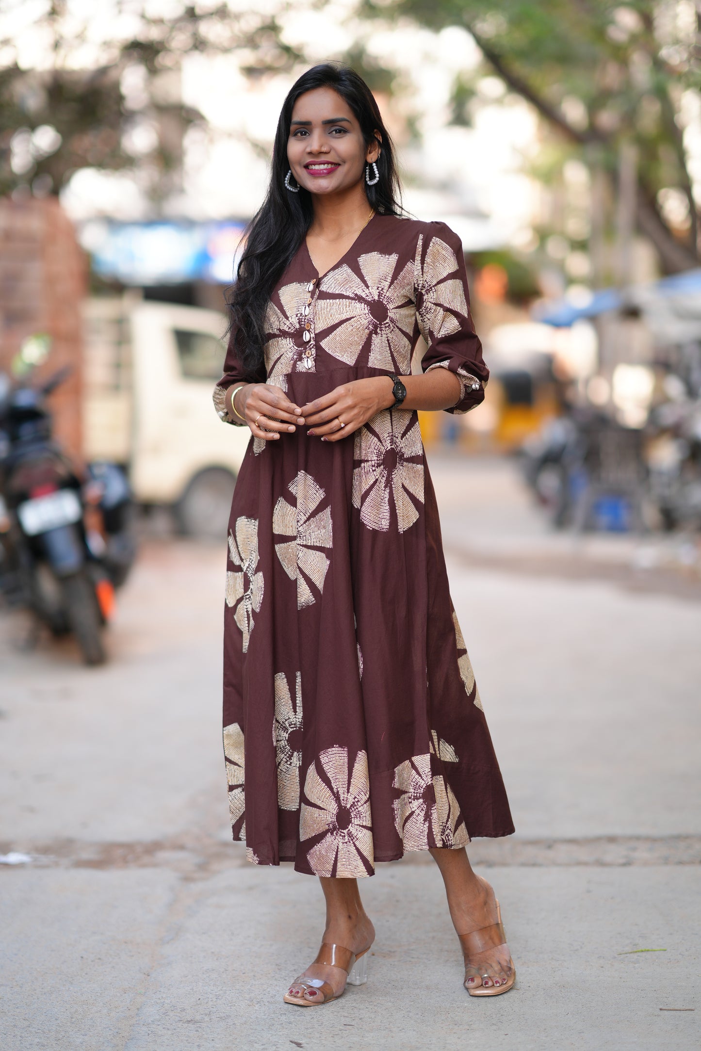 Brown Color Jaipur Cotton Daily Wear Frock