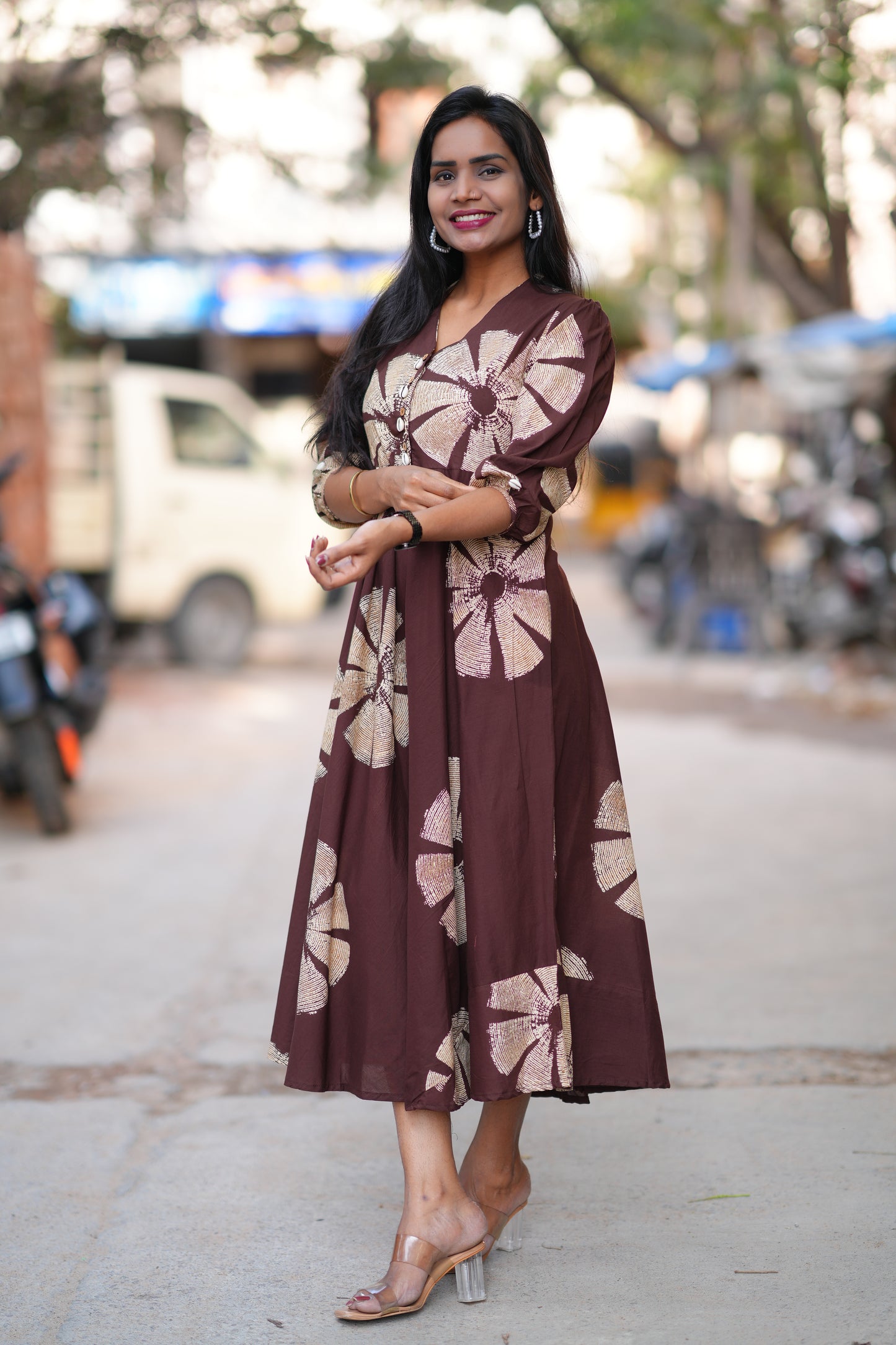 Brown Color Jaipur Cotton Daily Wear Frock
