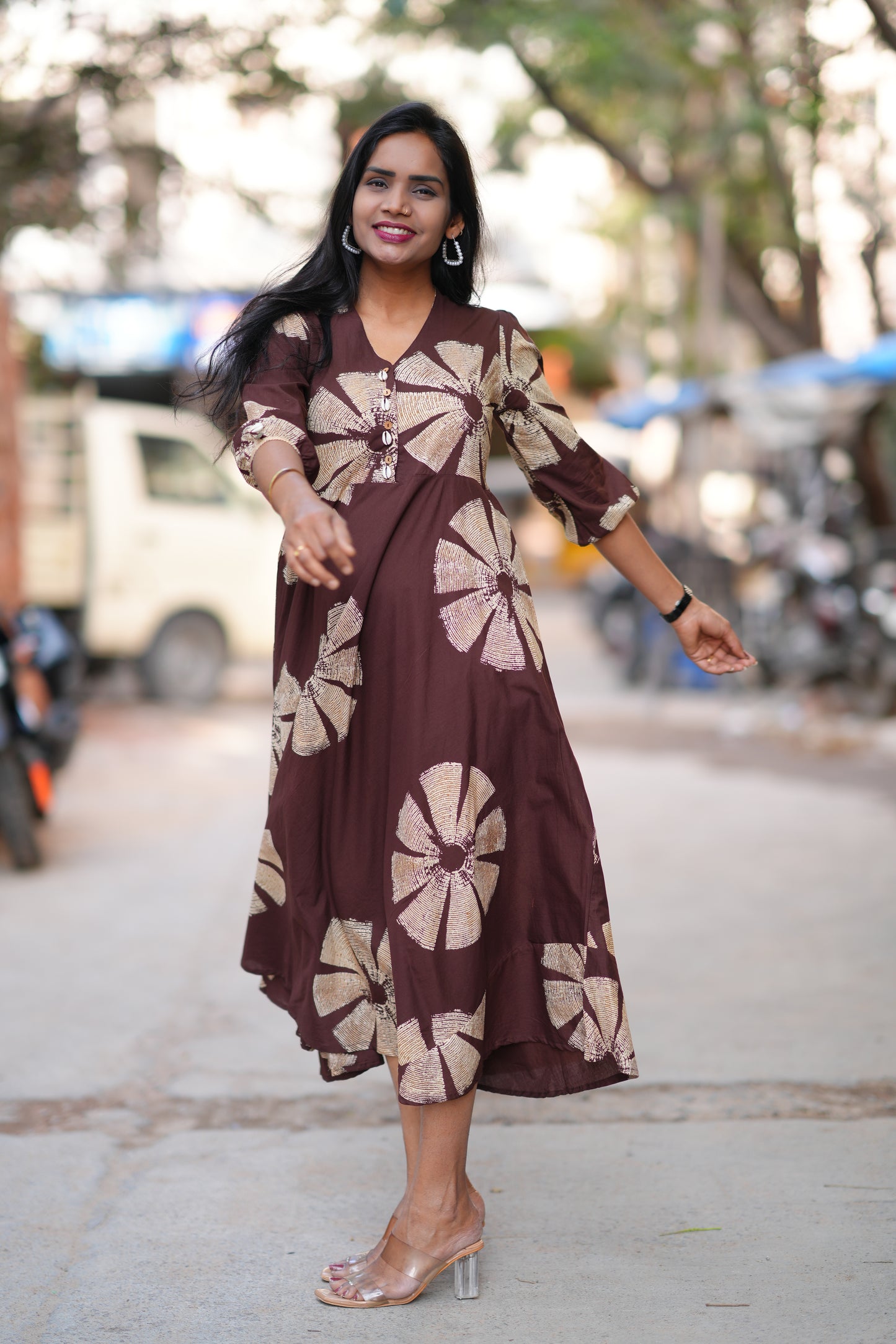 Brown Color Jaipur Cotton Daily Wear Frock