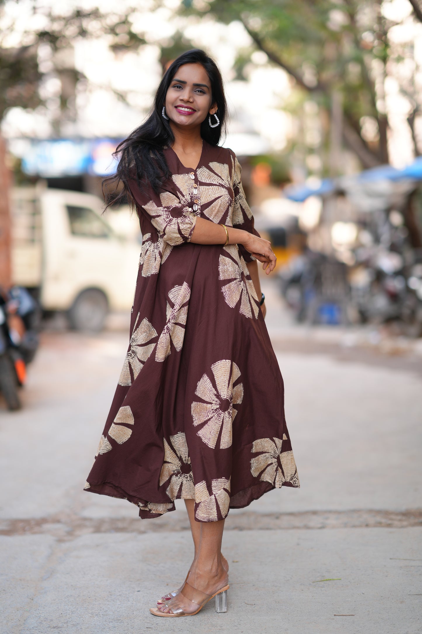 Brown Color Jaipur Cotton Daily Wear Frock
