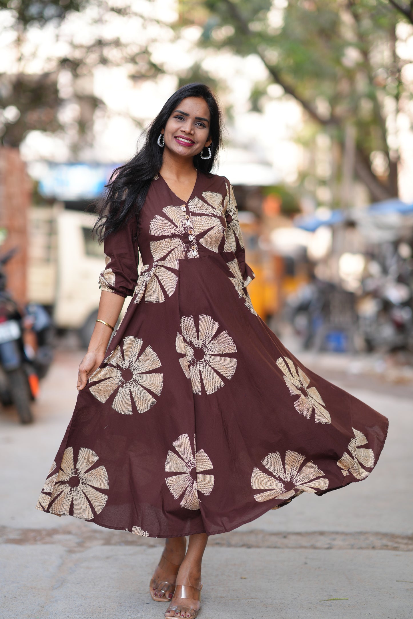 Brown Color Jaipur Cotton Daily Wear Frock