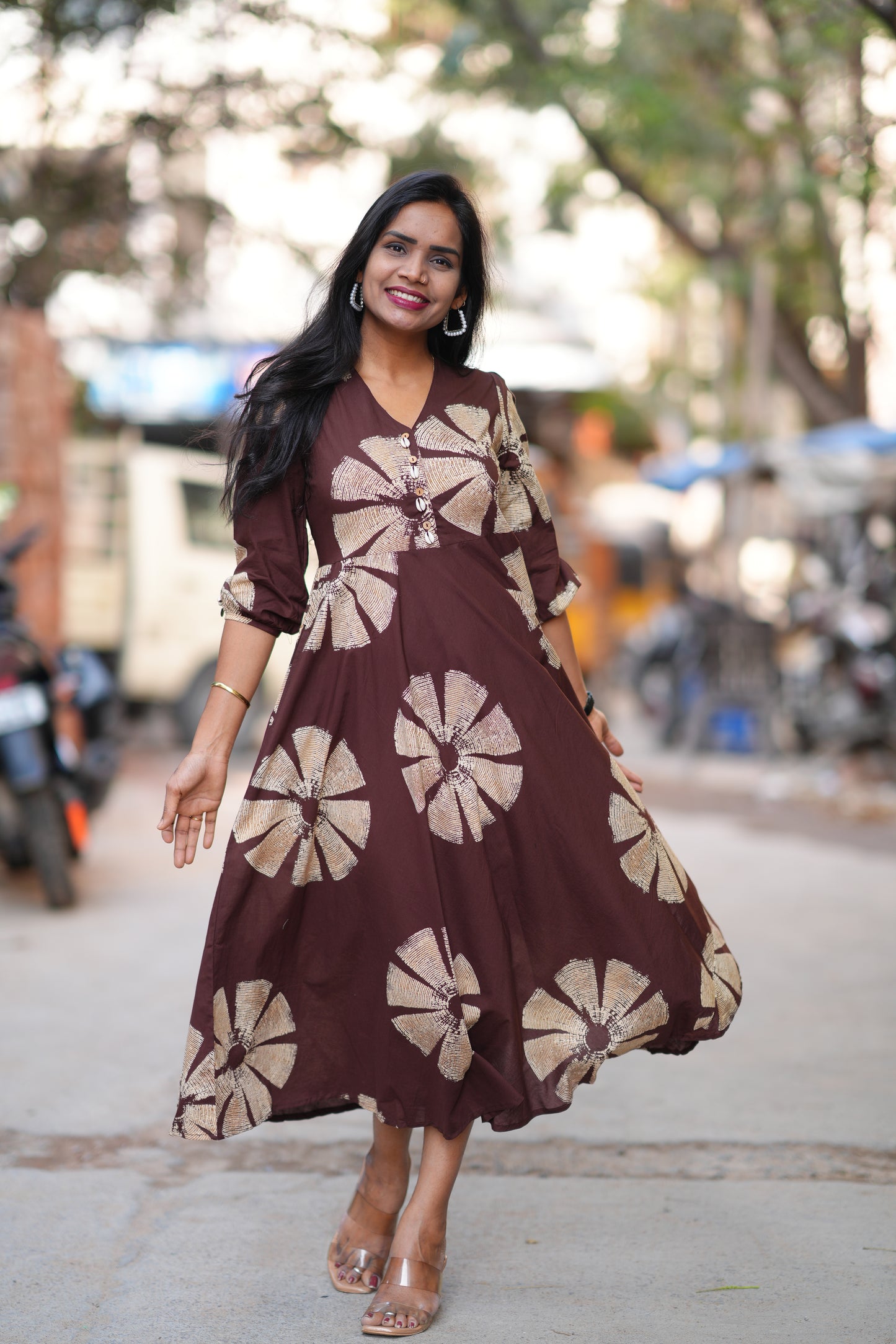 Brown Color Jaipur Cotton Daily Wear Frock