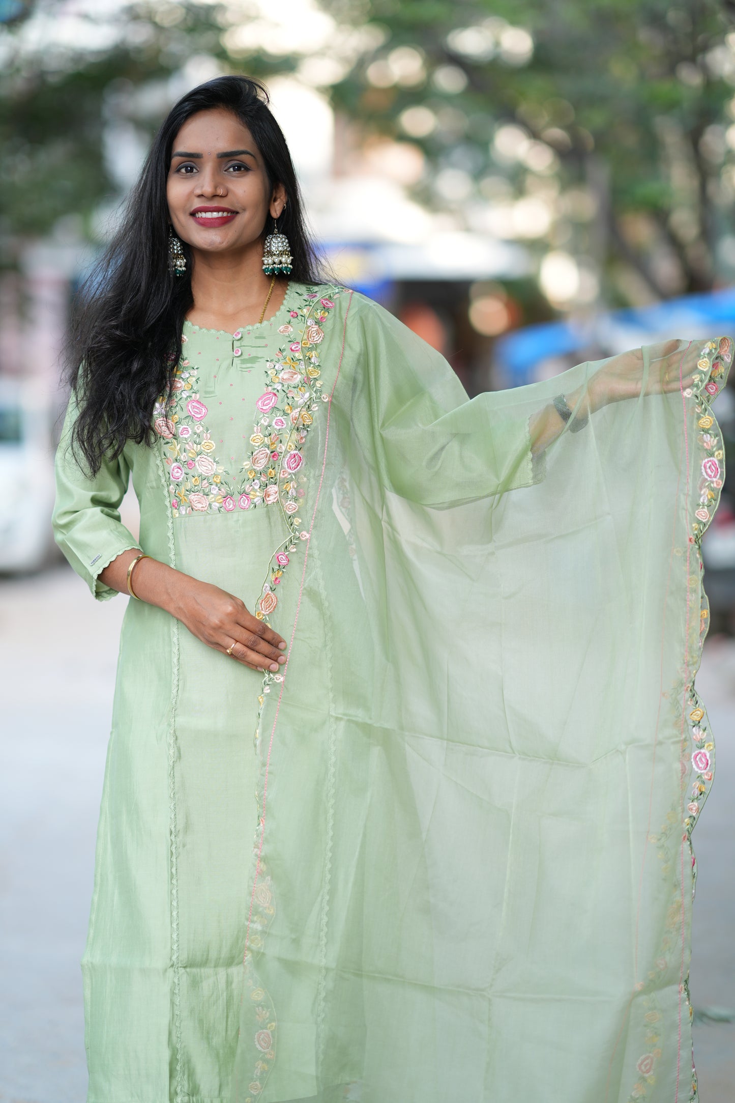 Pista Green Designer Wear Festive Collection in Viscose Fabric