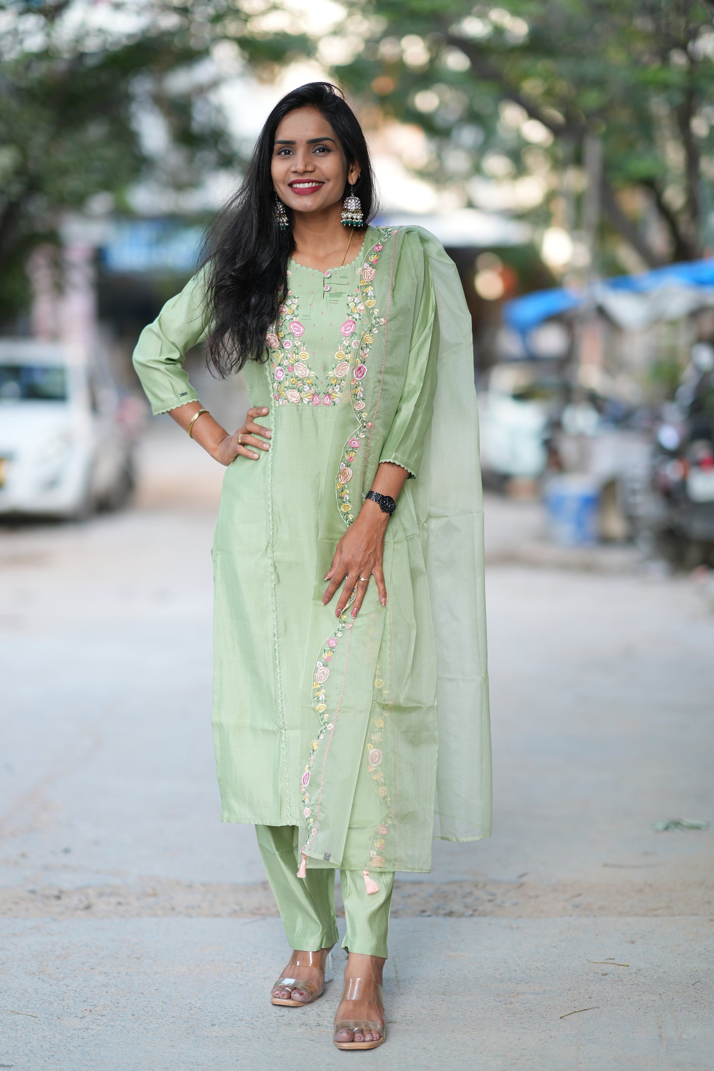 Pista Green Designer Wear Festive Collection in Viscose Fabric