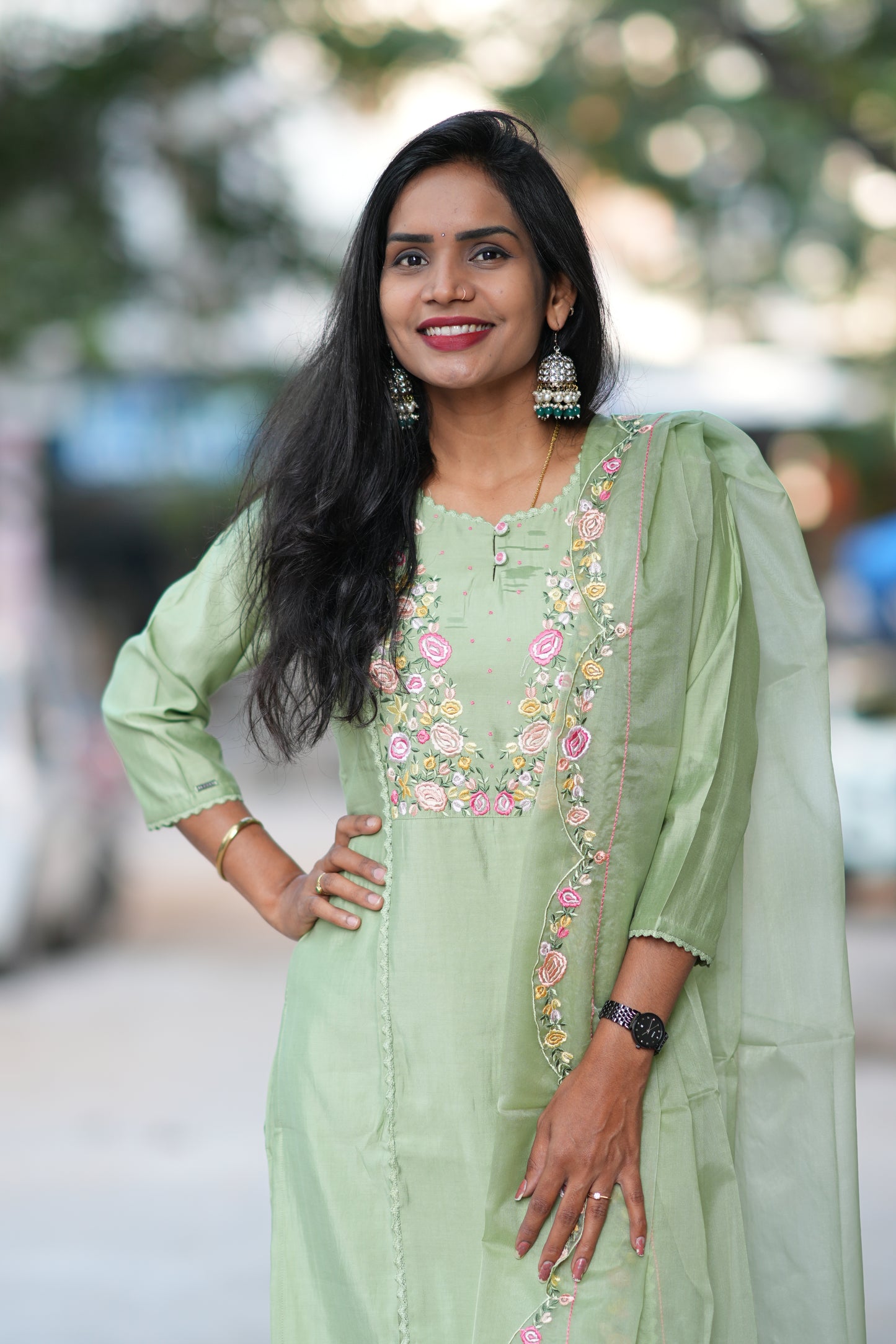 Pista Green Designer Wear Festive Collection in Viscose Fabric