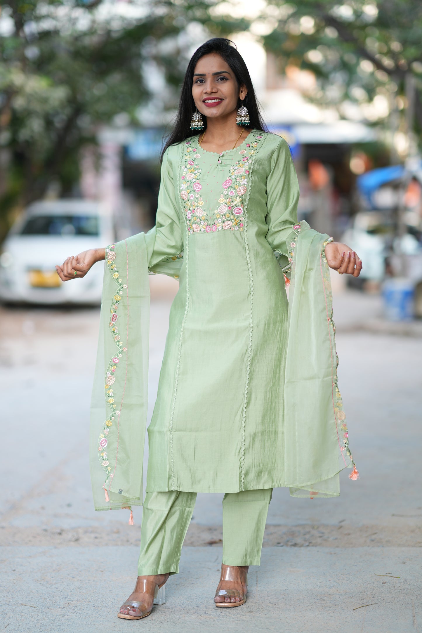Pista Green Designer Wear Festive Collection in Viscose Fabric