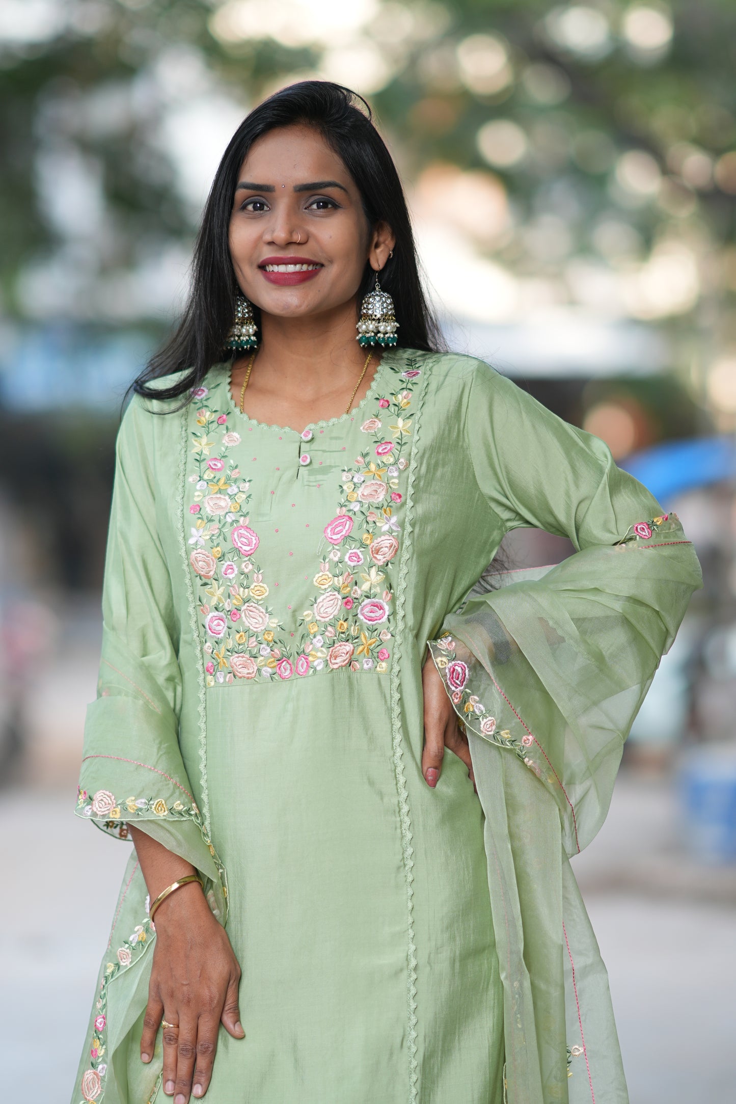 Pista Green Designer Wear Festive Collection in Viscose Fabric