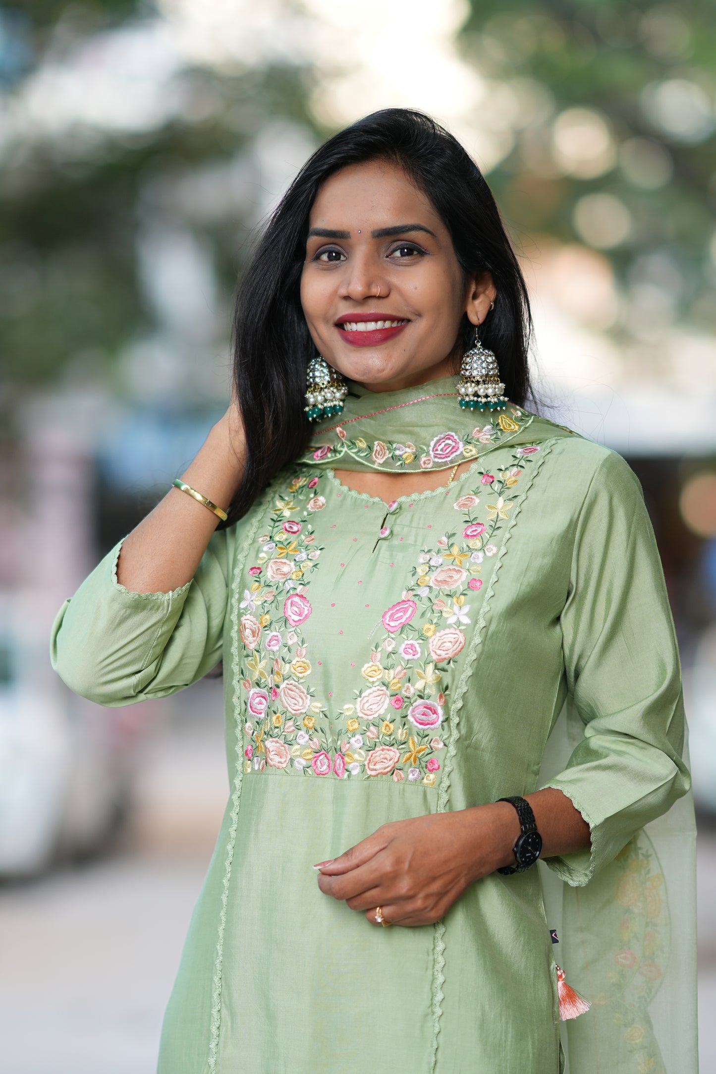 Pista Green Designer Wear Festive Collection in Viscose Fabric
