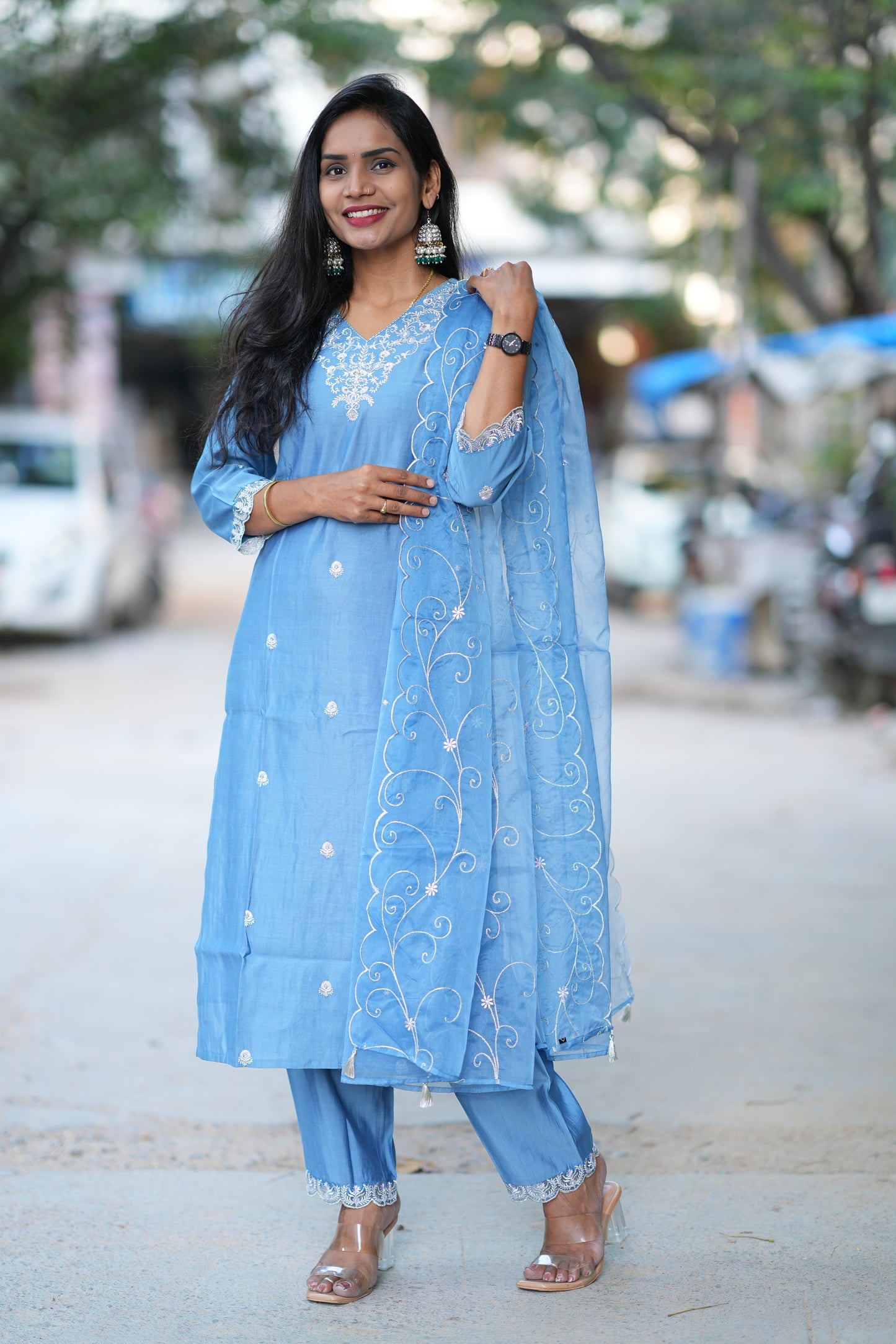 Blue Desginer Wear 3 Piece Set in Viscose Fabric