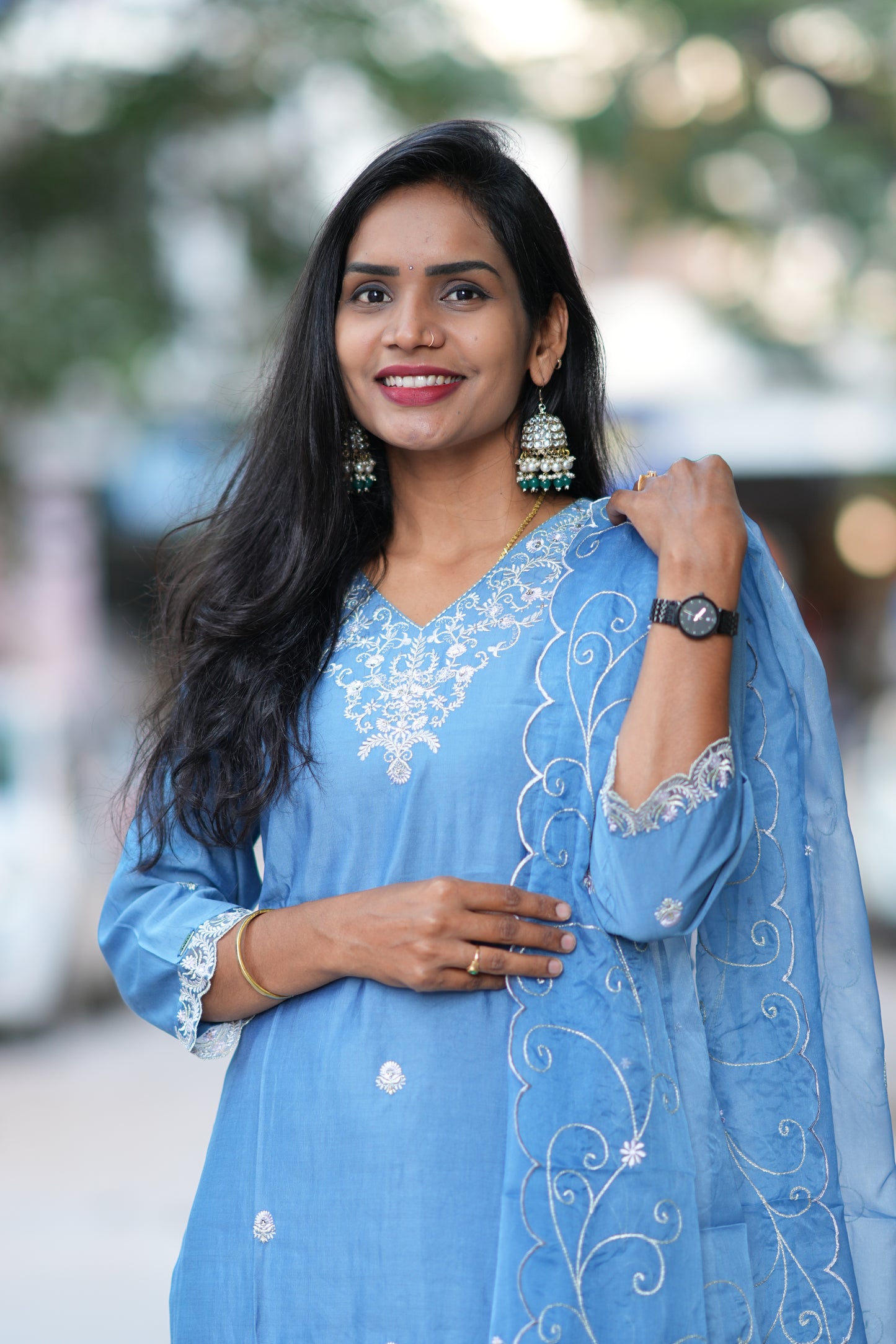 Blue Desginer Wear 3 Piece Set in Viscose Fabric