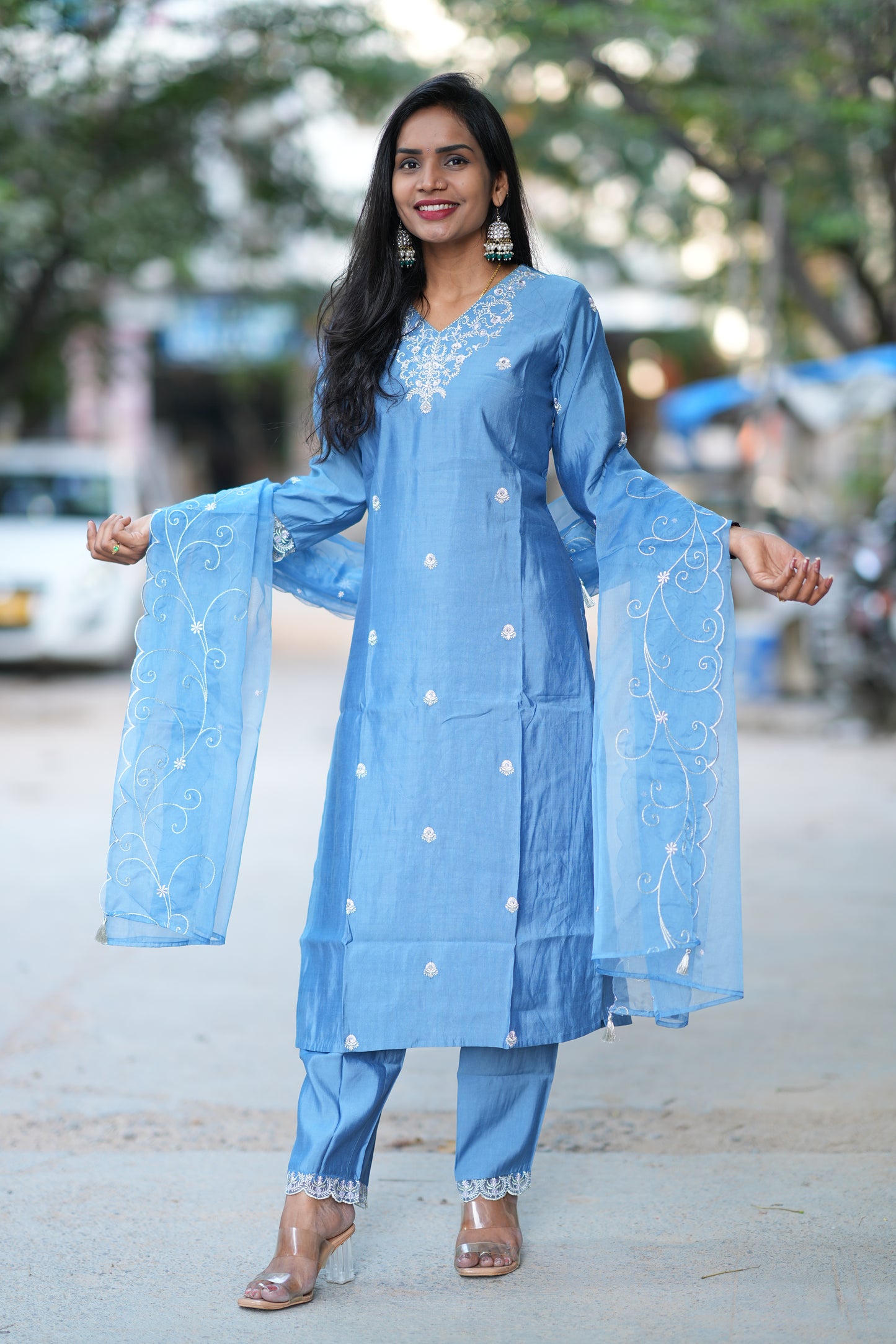 Blue Desginer Wear 3 Piece Set in Viscose Fabric