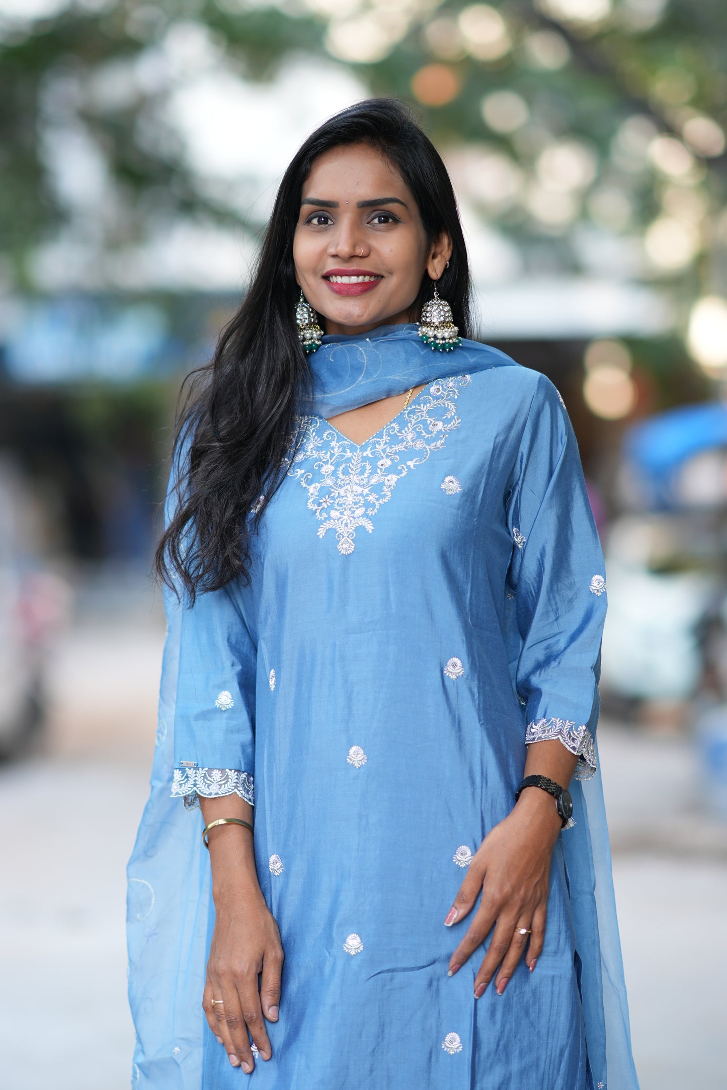 Blue Desginer Wear 3 Piece Set in Viscose Fabric