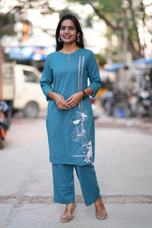 Teal Blue Color Jaipur Cotton Office Wear Cordset with Embriodary Work