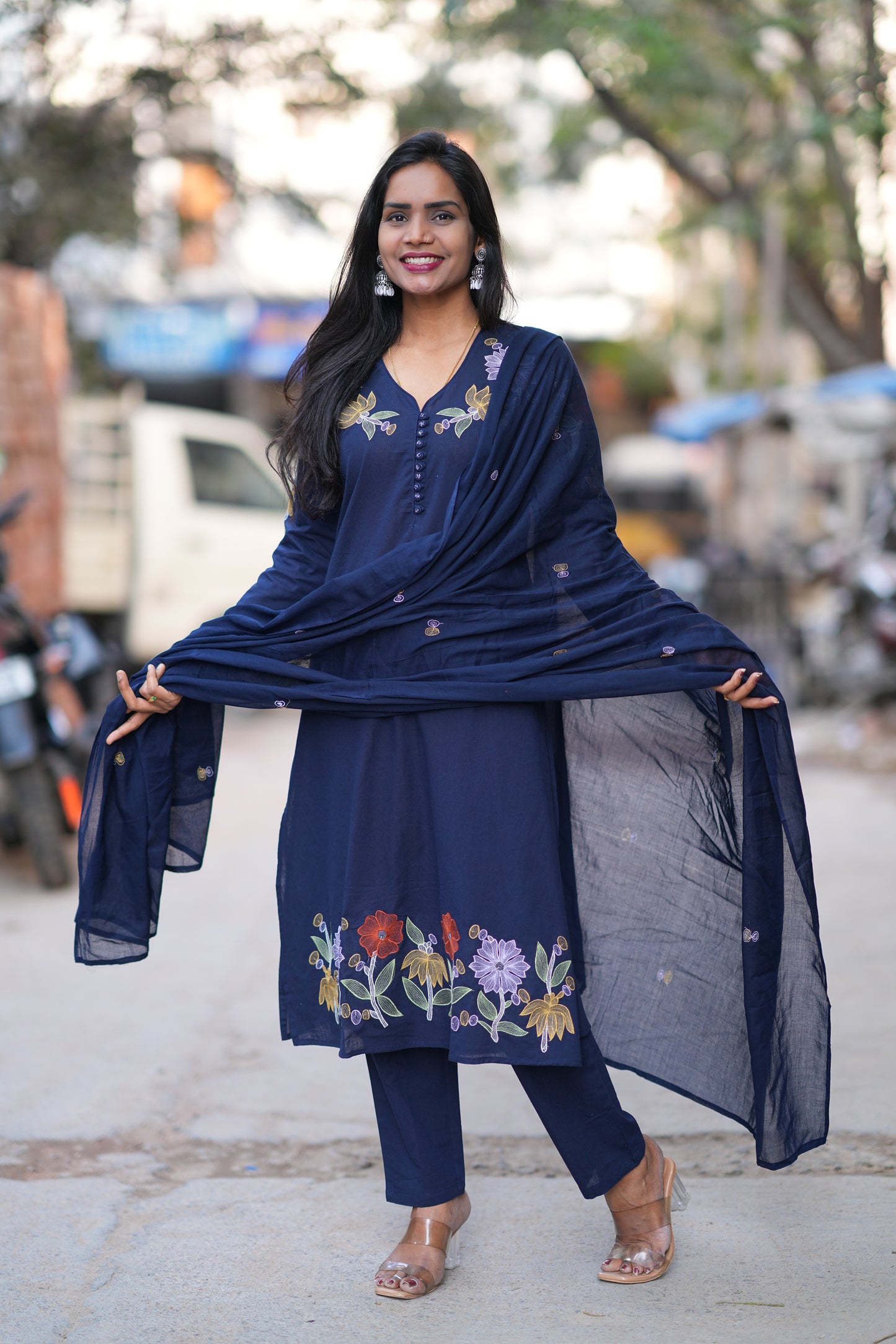 Blue Color Jaipuri Slub Cotton 3 Piece Set With Embroidery Work