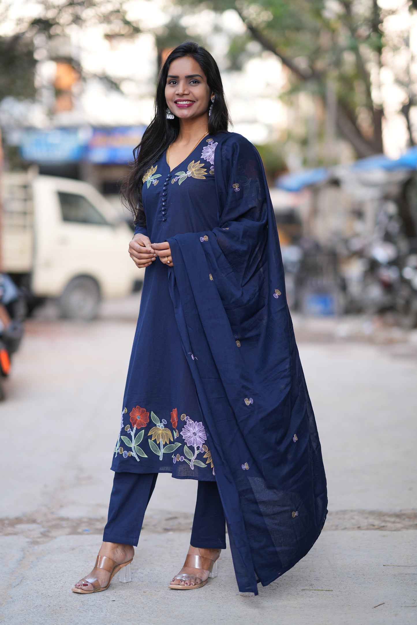 Blue Color Jaipuri Slub Cotton 3 Piece Set With Embroidery Work