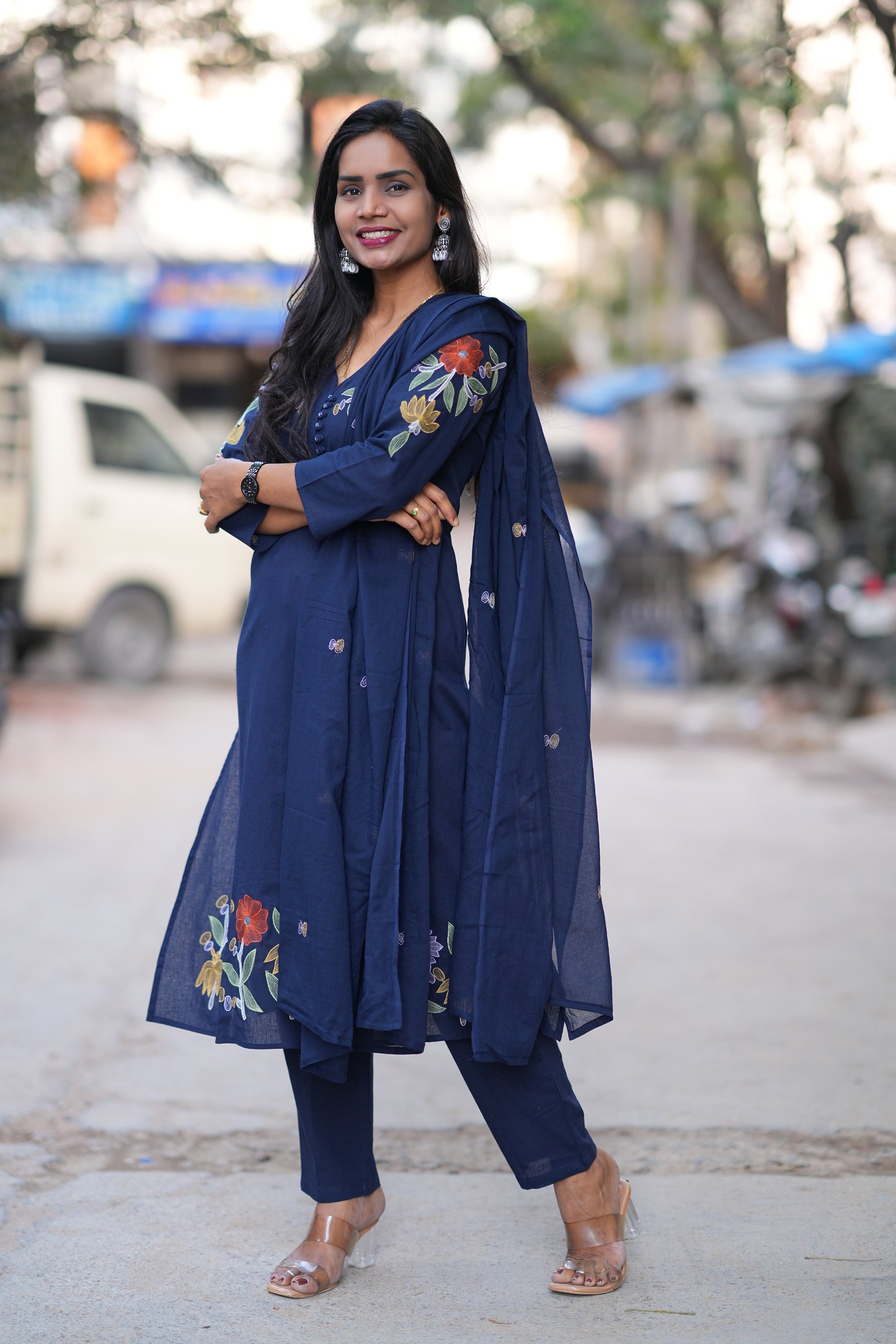 Blue Color Jaipuri Slub Cotton 3 Piece Set With Embroidery Work
