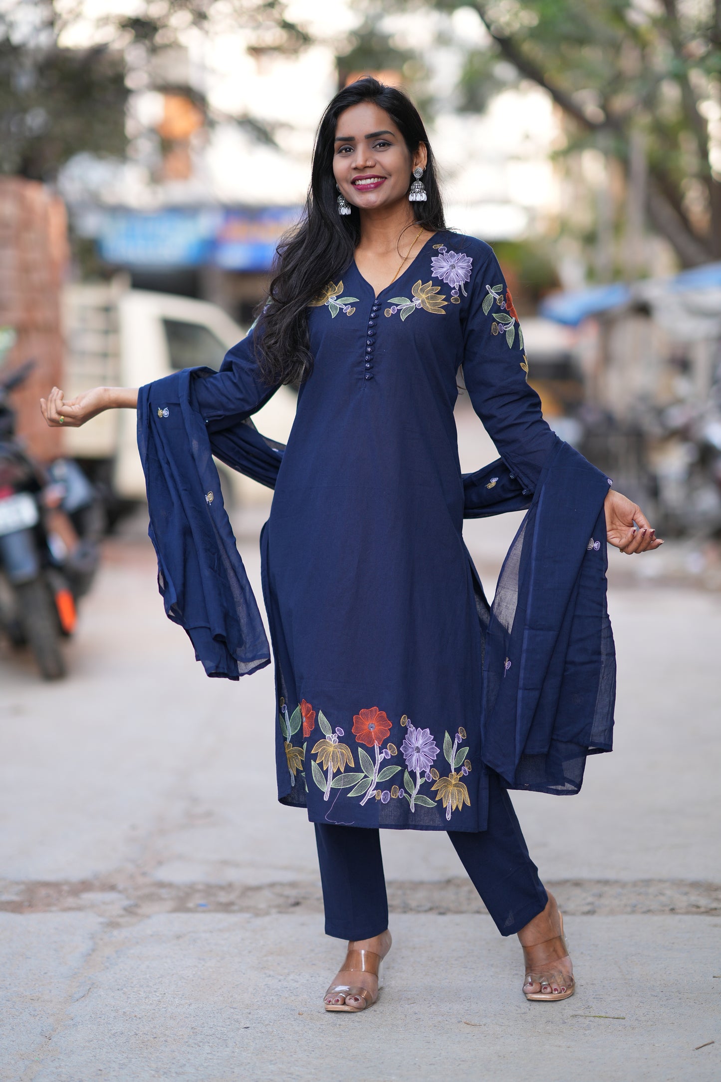 Blue Color Jaipuri Slub Cotton 3 Piece Set With Embroidery Work