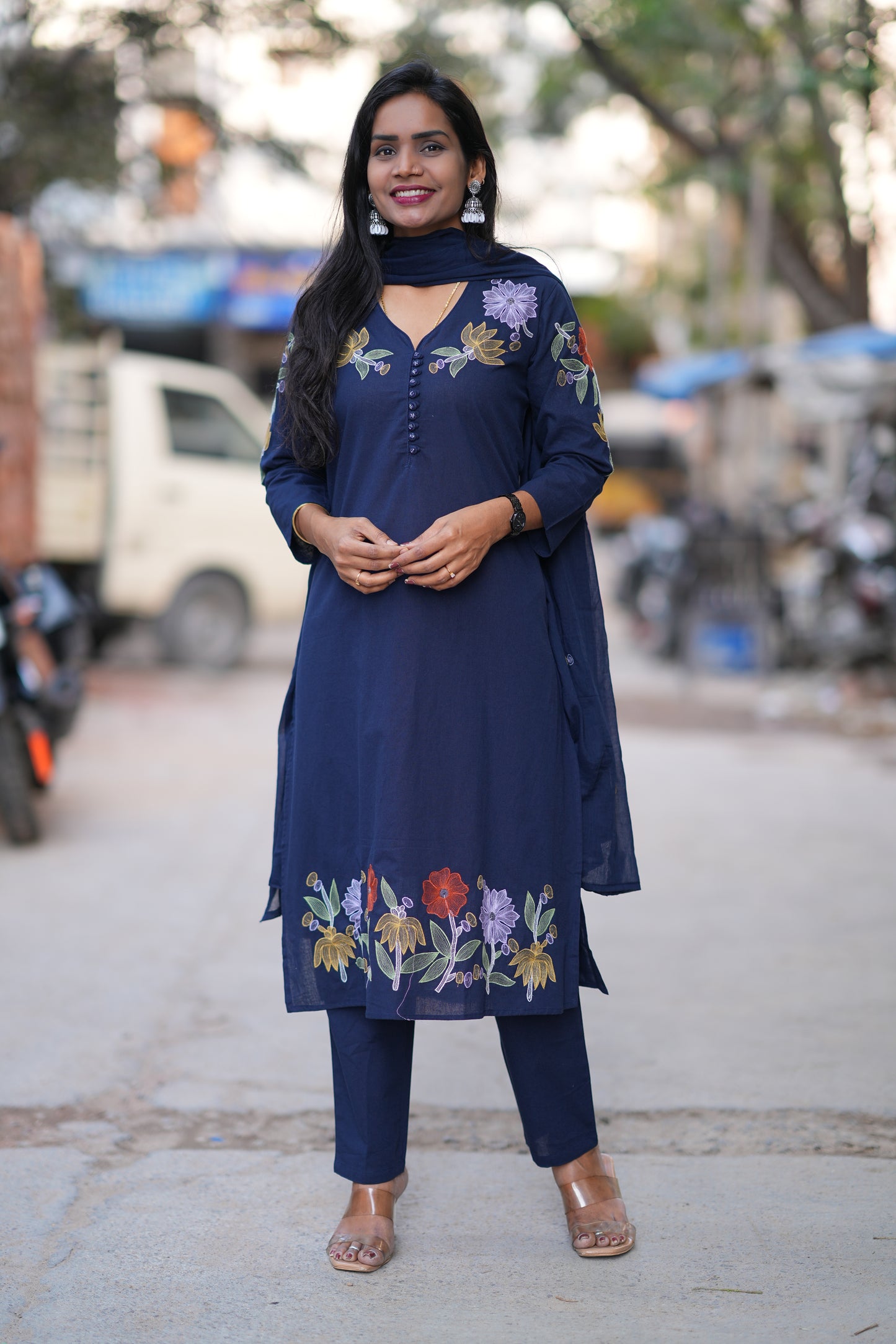 Blue Color Jaipuri Slub Cotton 3 Piece Set With Embroidery Work