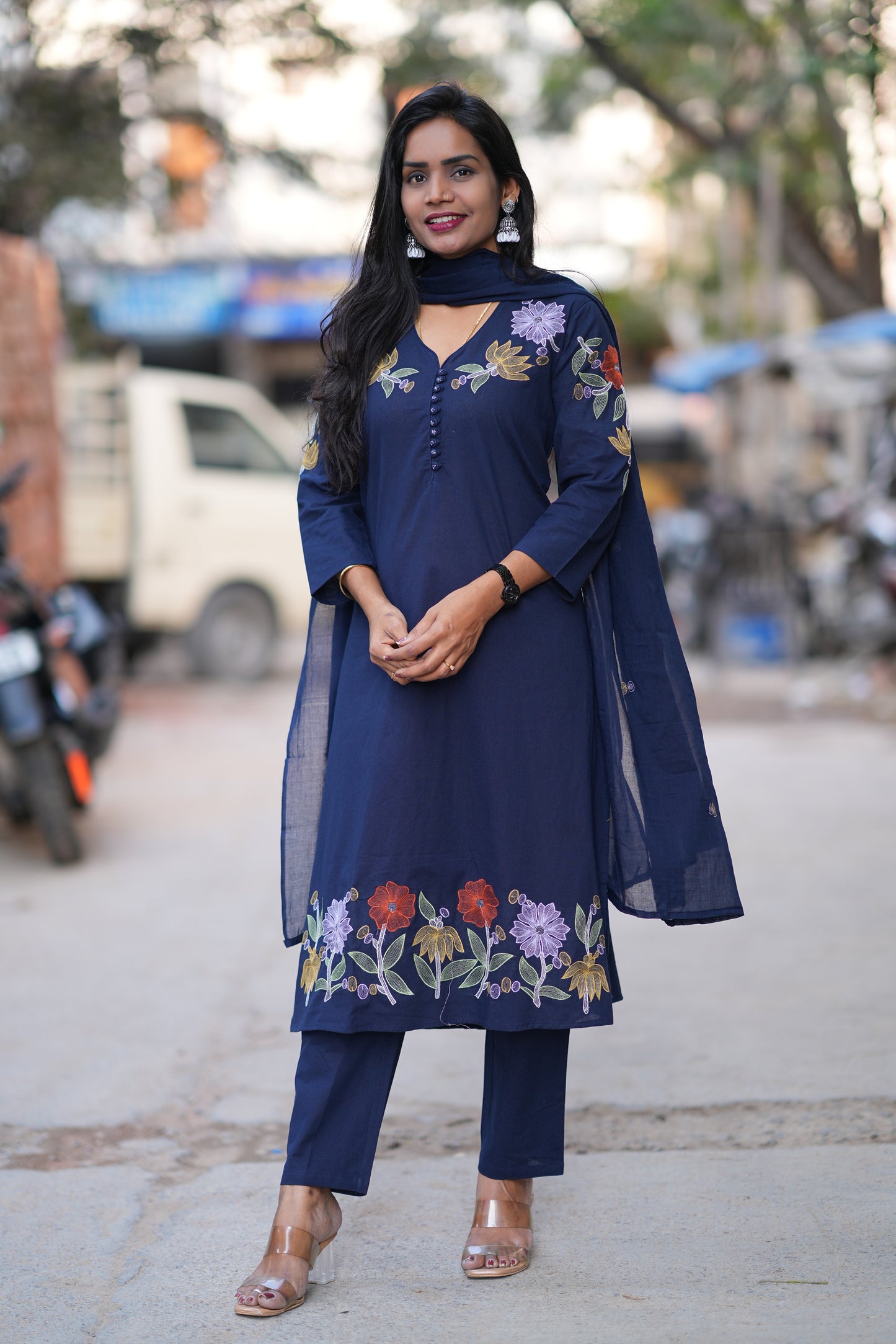 Blue Color Jaipuri Slub Cotton 3 Piece Set With Embroidery Work