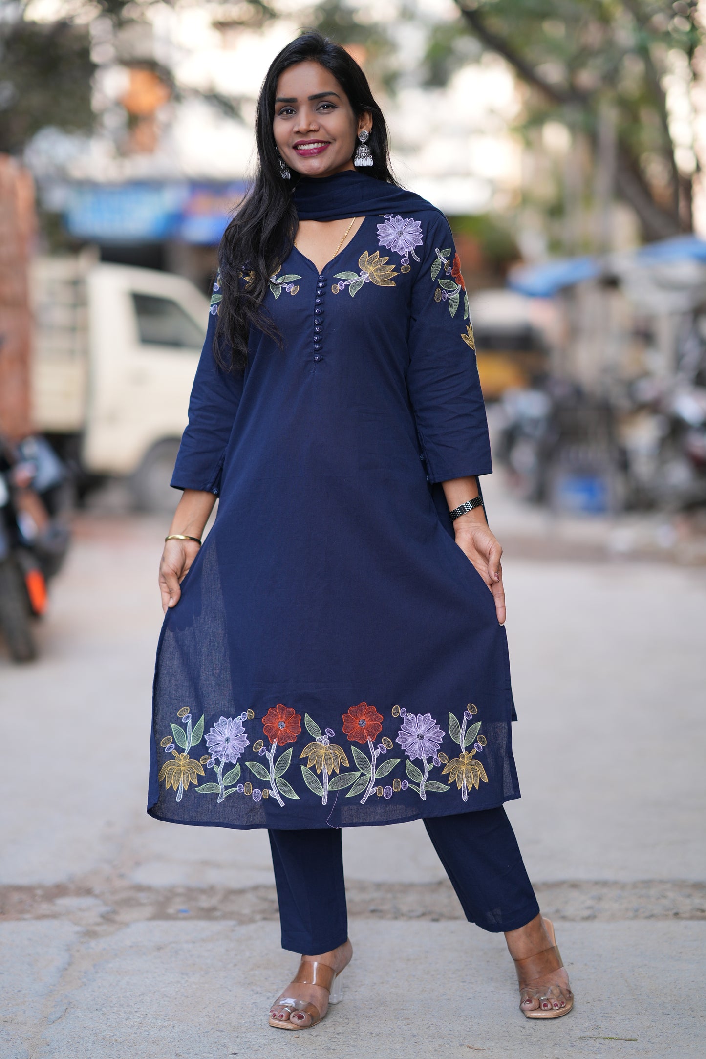 Blue Color Jaipuri Slub Cotton 3 Piece Set With Embroidery Work