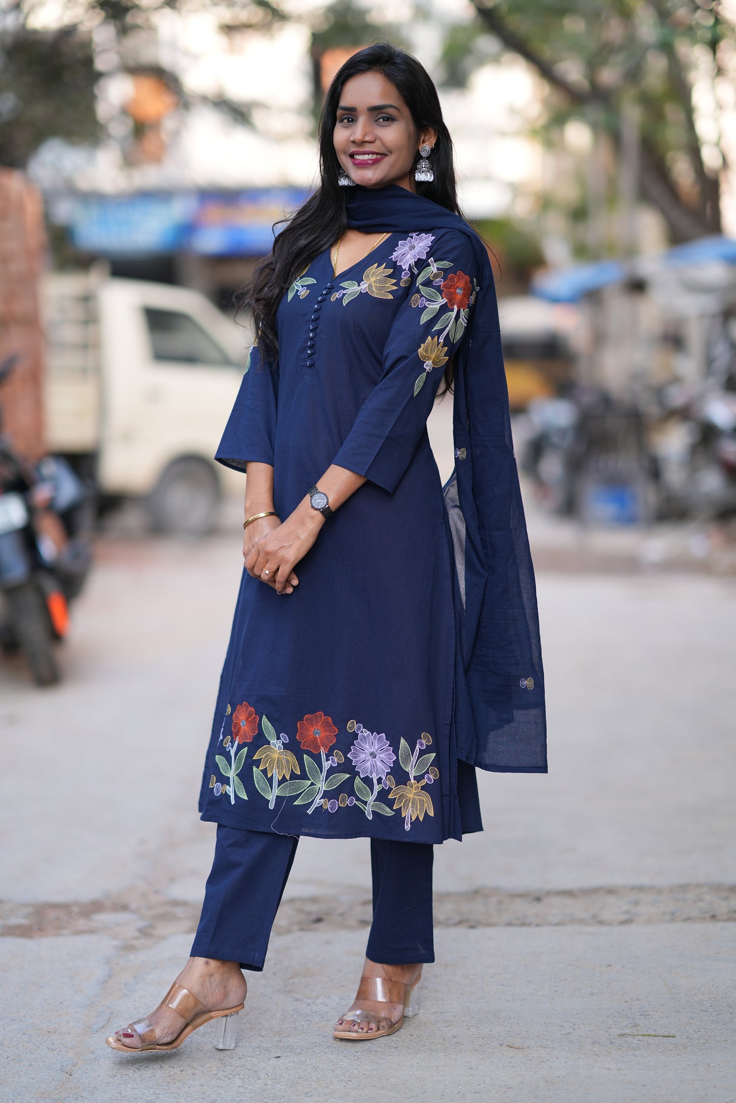 Blue Color Jaipuri Slub Cotton 3 Piece Set With Embroidery Work