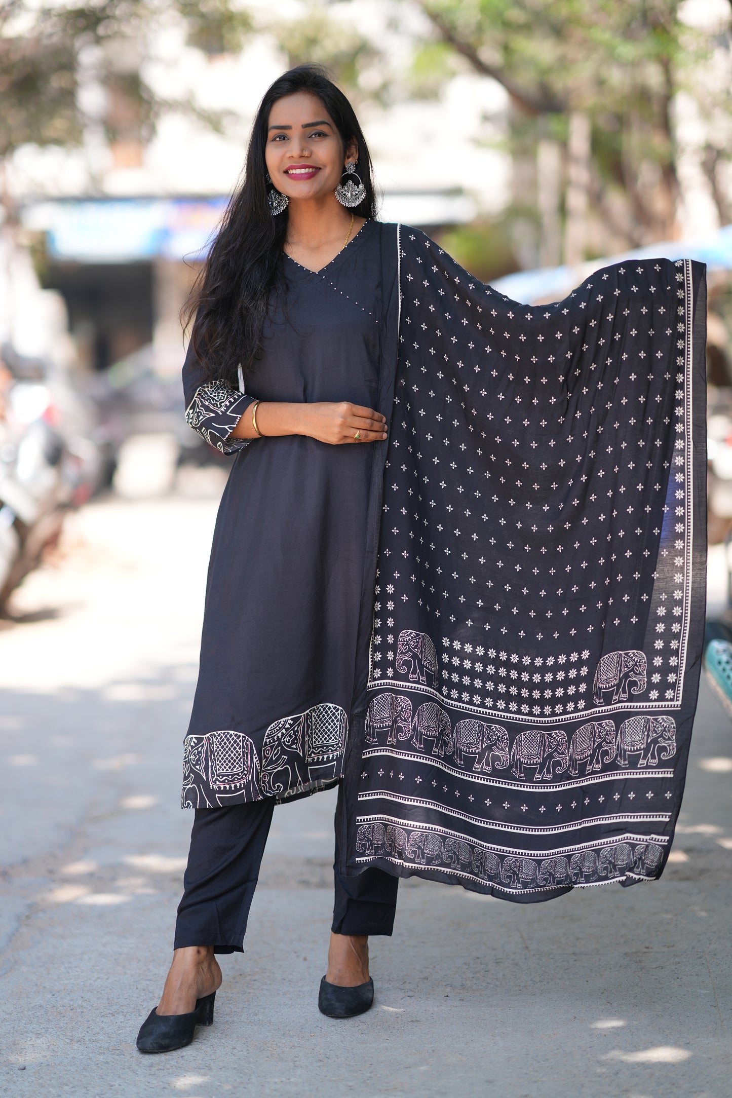 Black Color Pure Muslin 3 Piece Set With Complete Lining With Elephant Print