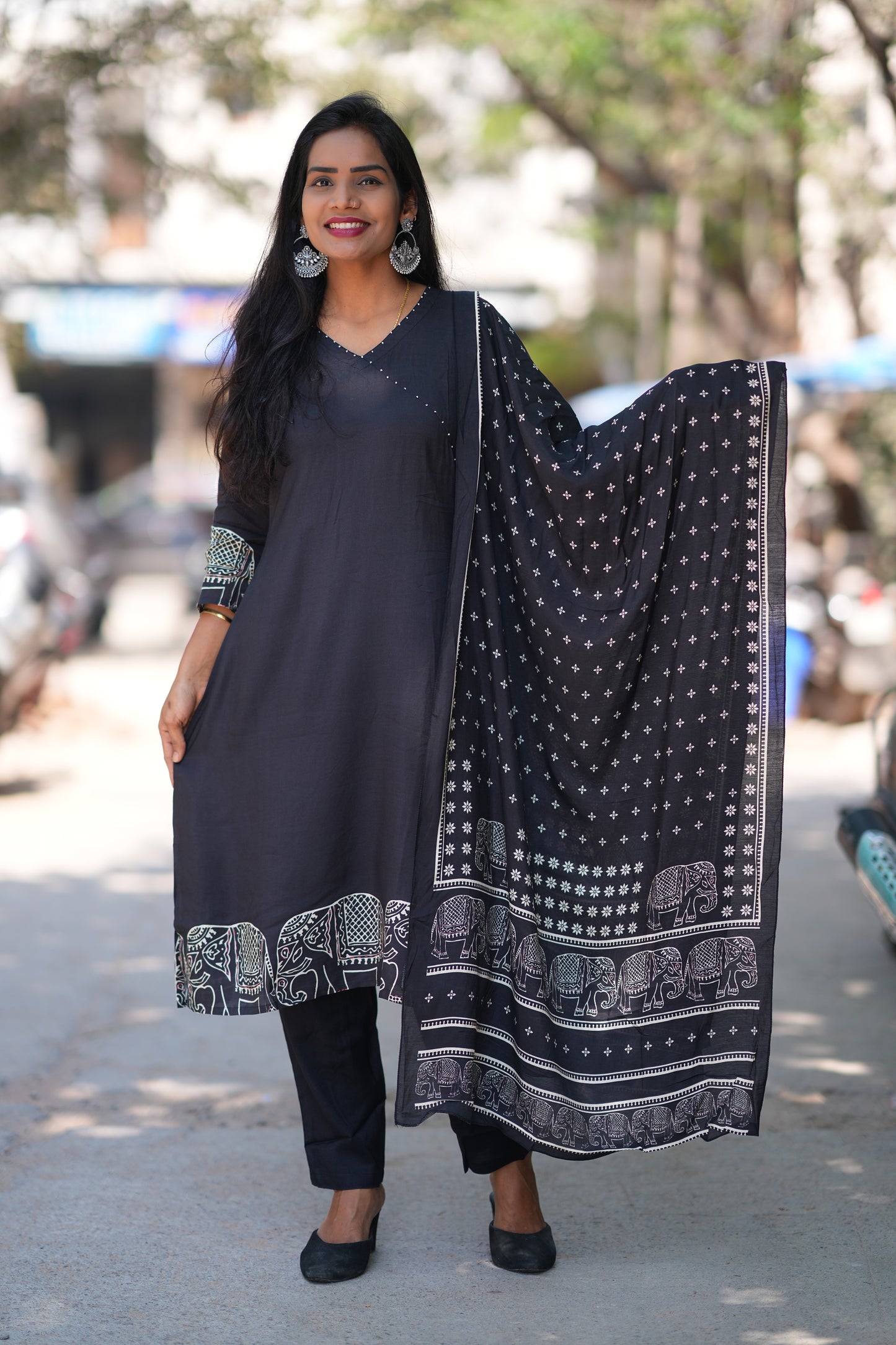 Black Color Pure Muslin 3 Piece Set With Complete Lining With Elephant Print