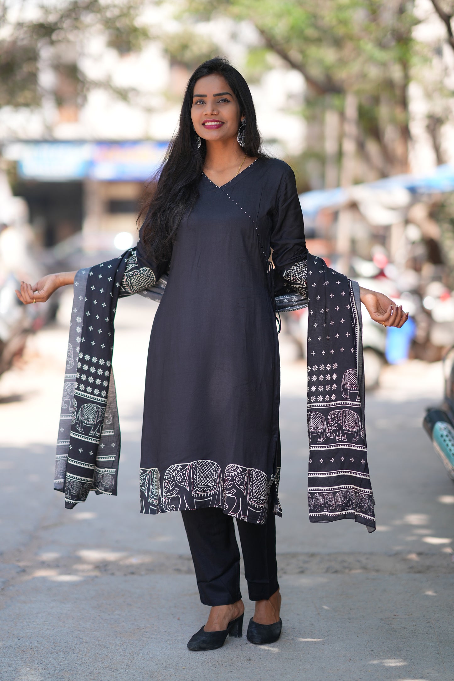 Black Color Pure Muslin 3 Piece Set With Complete Lining With Elephant Print