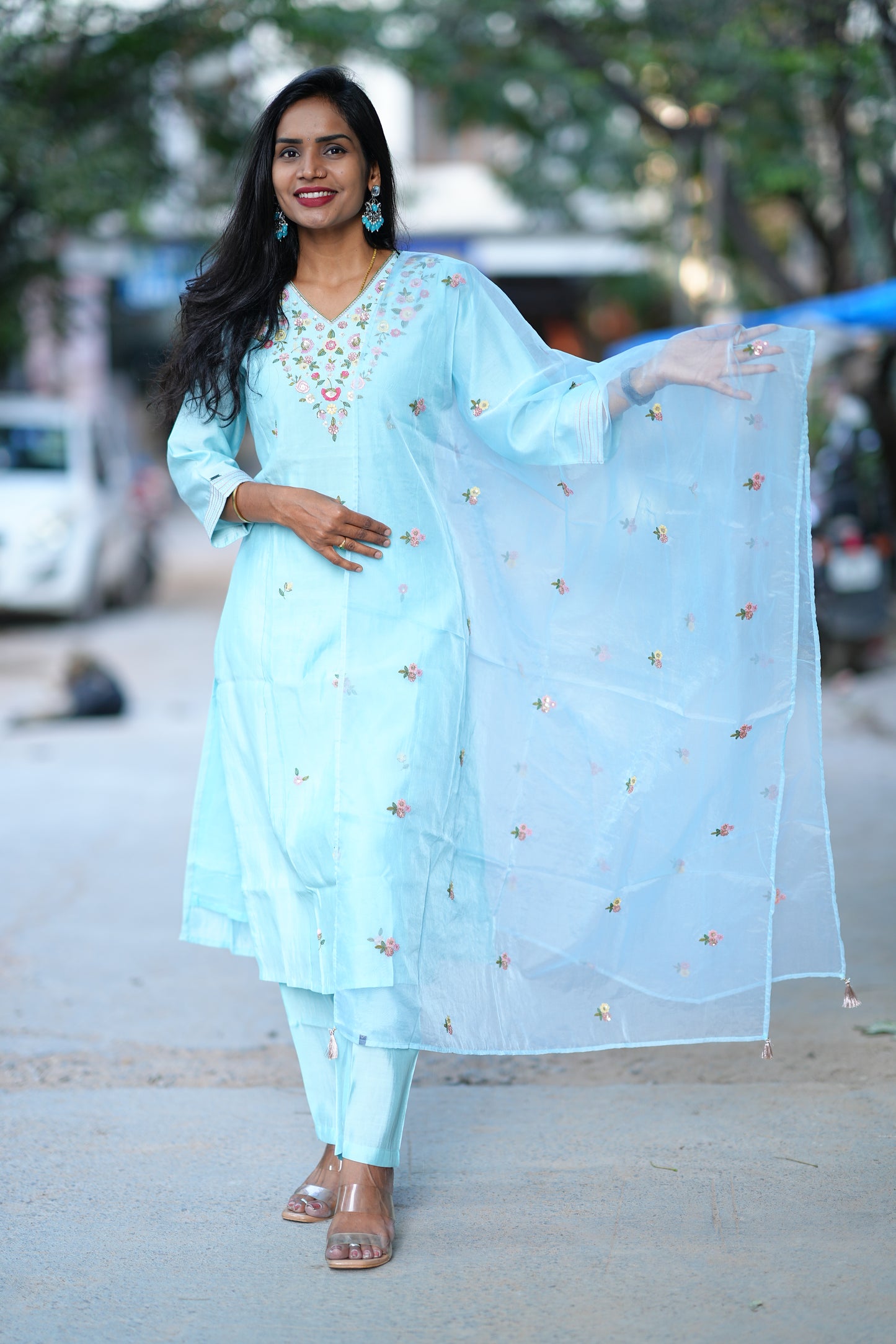 Sky Blue Desginer Wear 3 Piece Set in Viscose Fabric