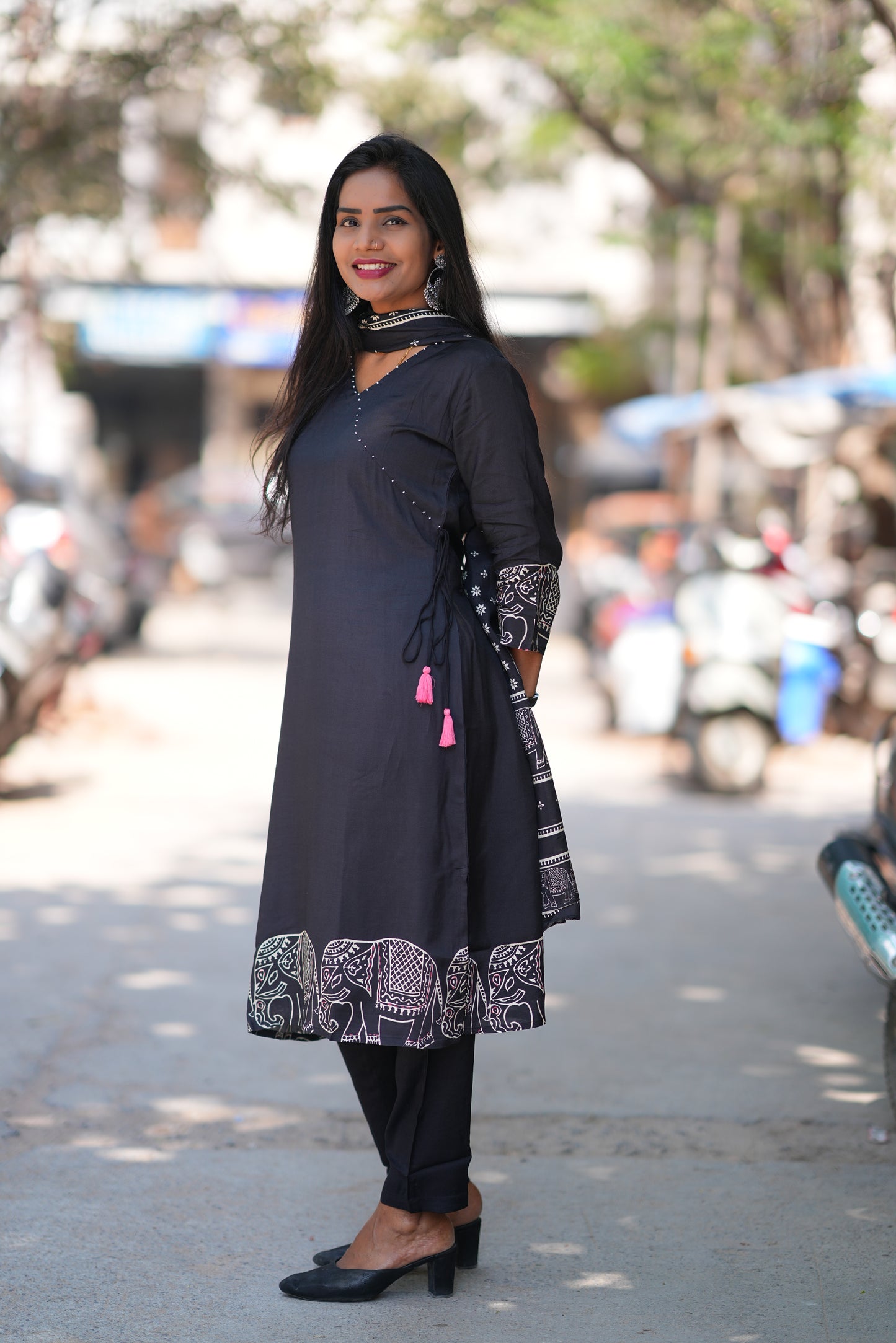 Black Color Pure Muslin 3 Piece Set With Complete Lining With Elephant Print