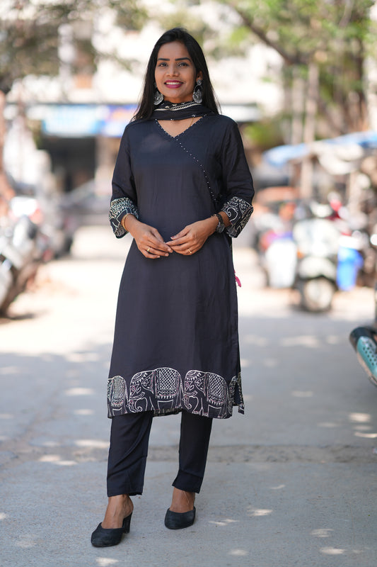 Black Color Pure Muslin 3 Piece Set With Complete Lining With Elephant Print