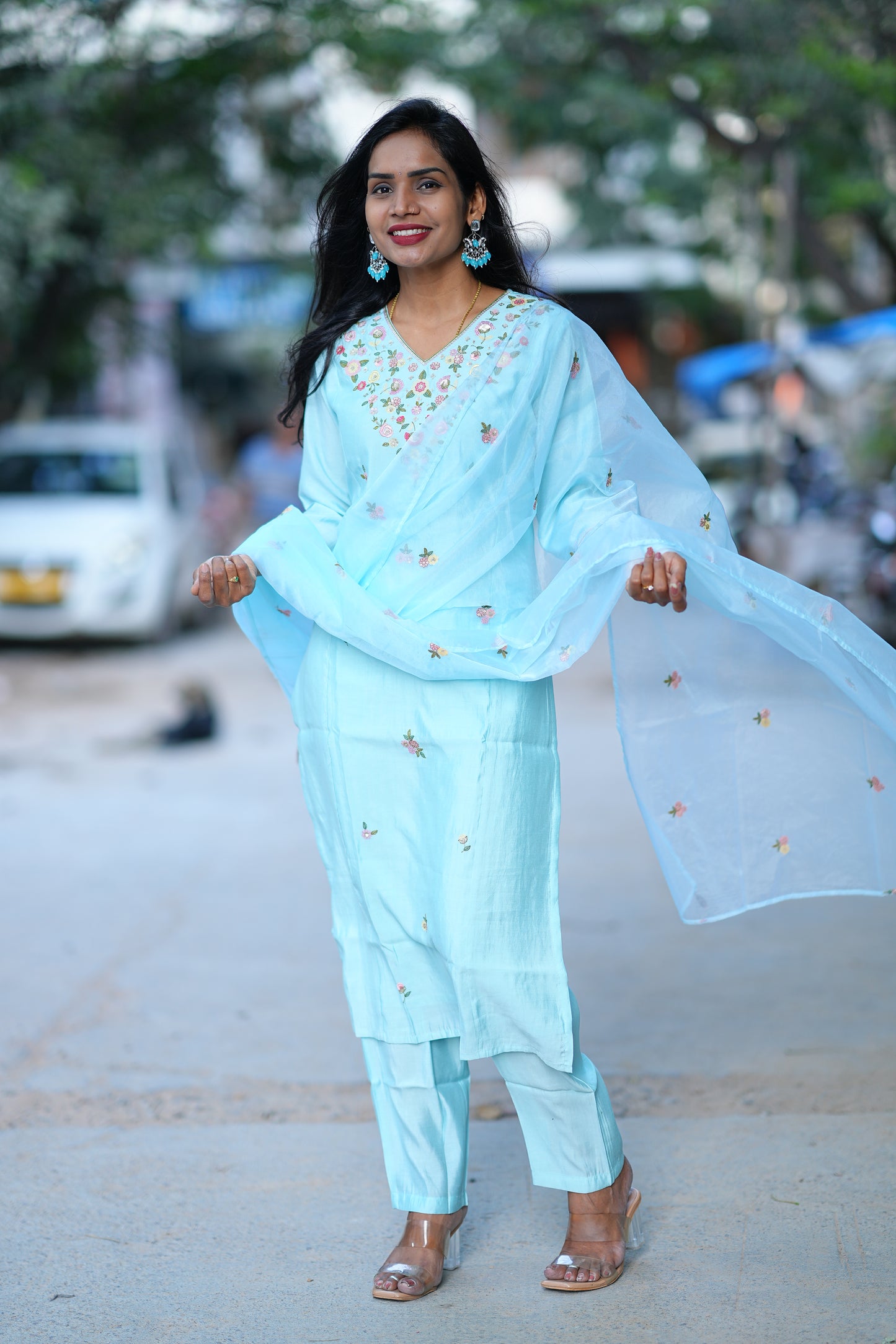 Sky Blue Desginer Wear 3 Piece Set in Viscose Fabric