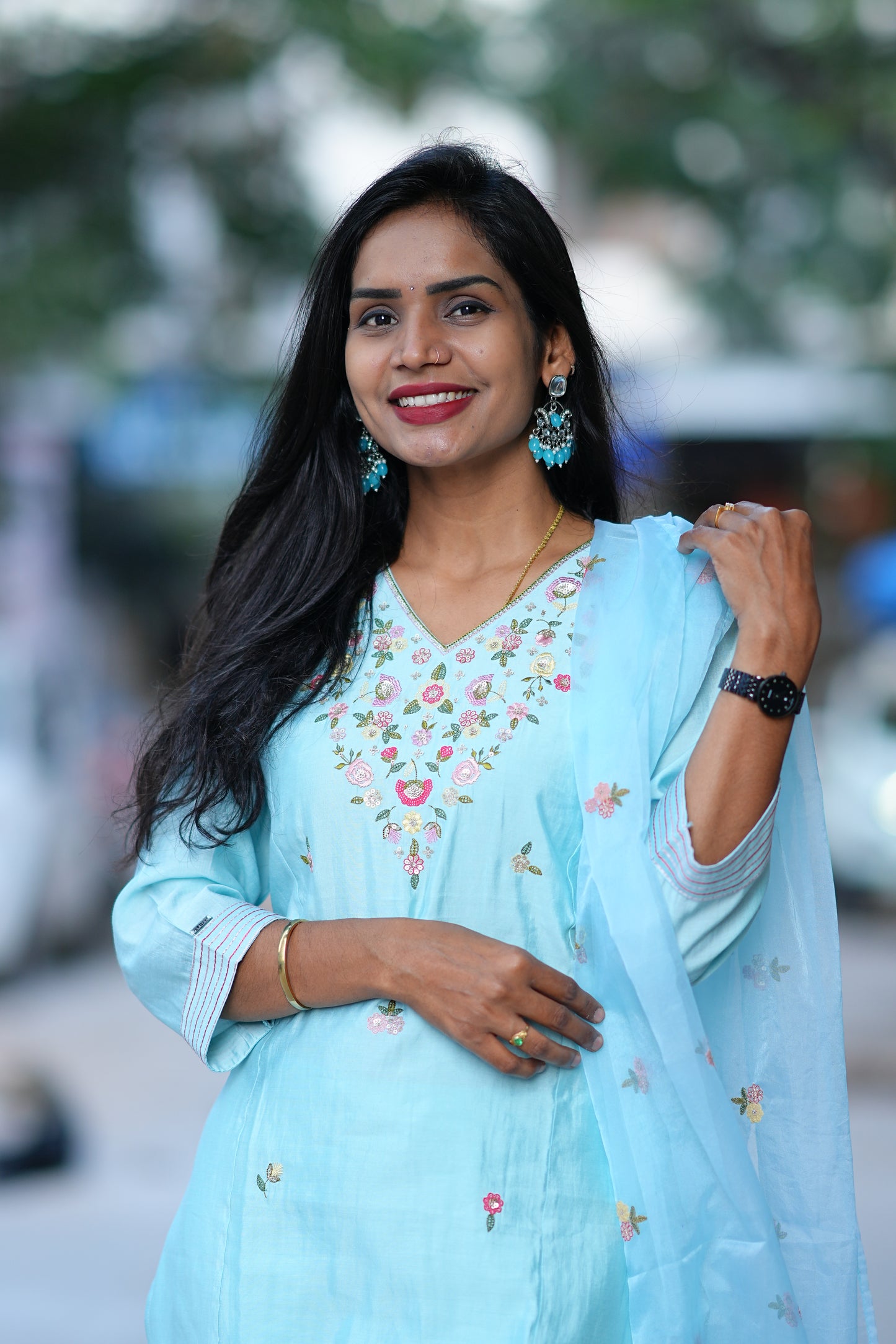 Sky Blue Desginer Wear 3 Piece Set in Viscose Fabric