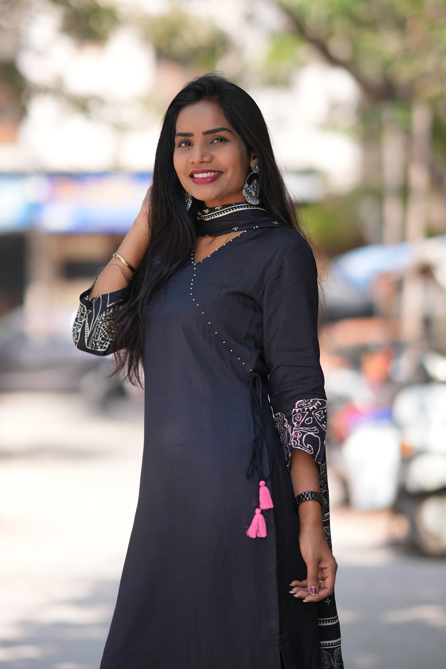 Black Color Pure Muslin 3 Piece Set With Complete Lining With Elephant Print