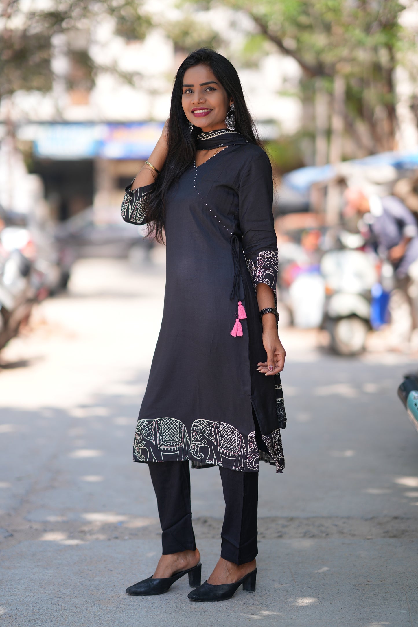 Black Color Pure Muslin 3 Piece Set With Complete Lining With Elephant Print