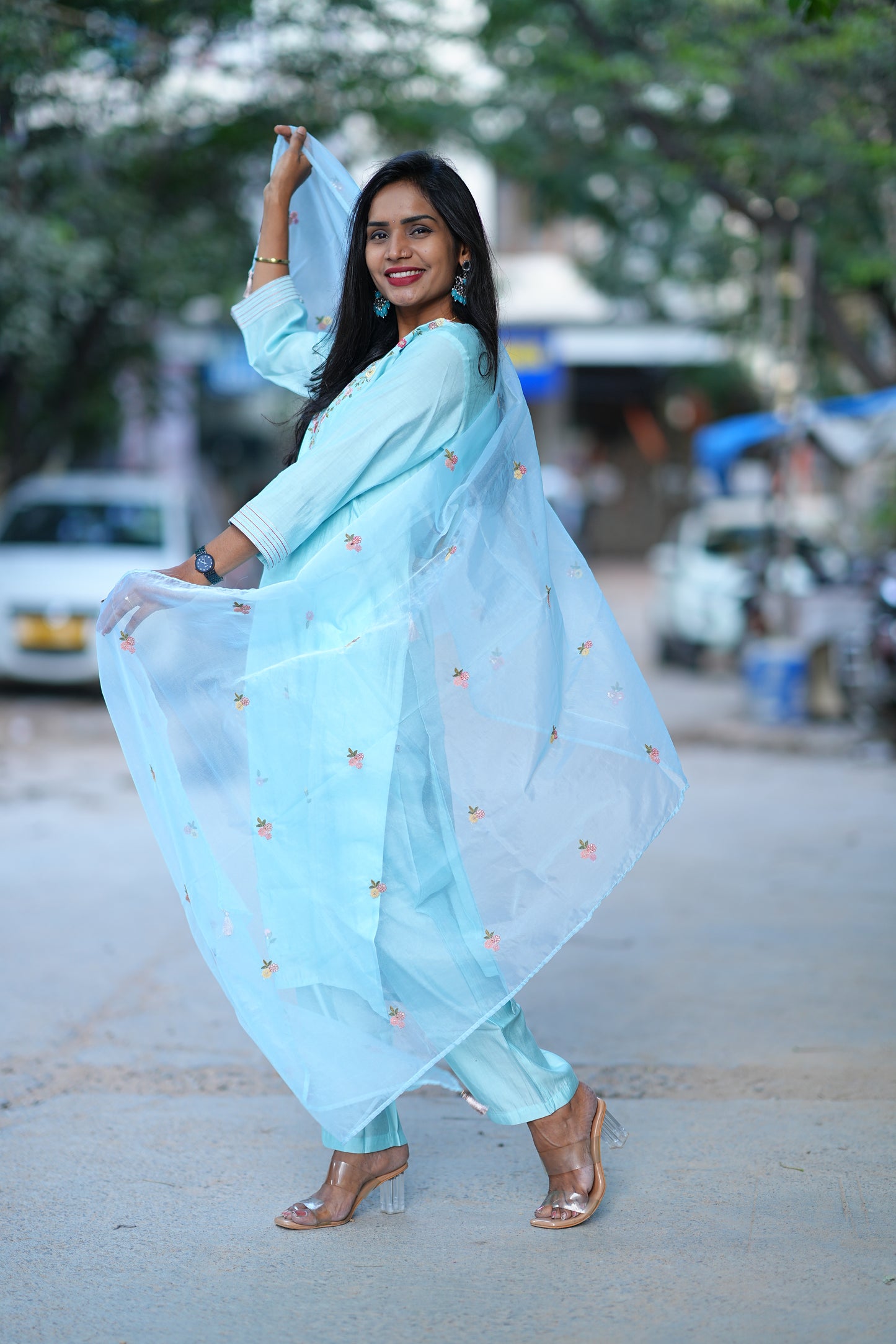 Sky Blue Desginer Wear 3 Piece Set in Viscose Fabric