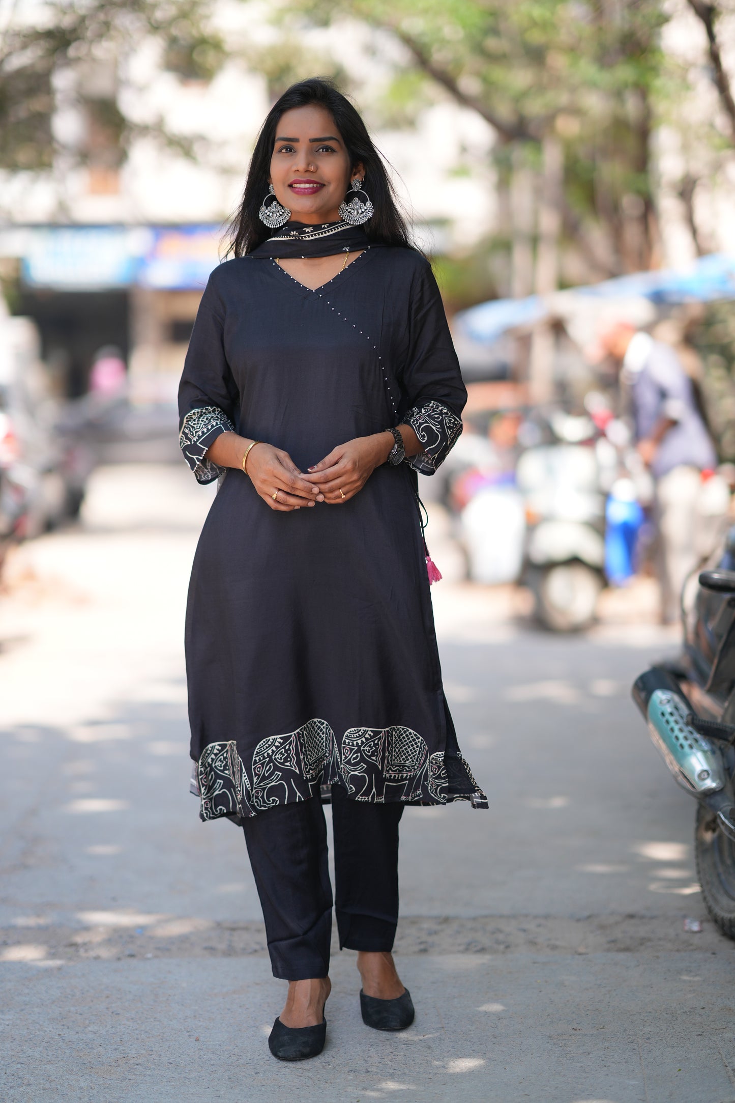 Black Color Pure Muslin 3 Piece Set With Complete Lining With Elephant Print
