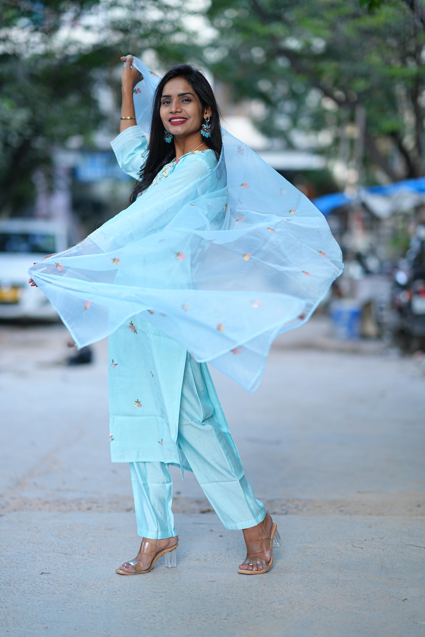 Sky Blue Desginer Wear 3 Piece Set in Viscose Fabric