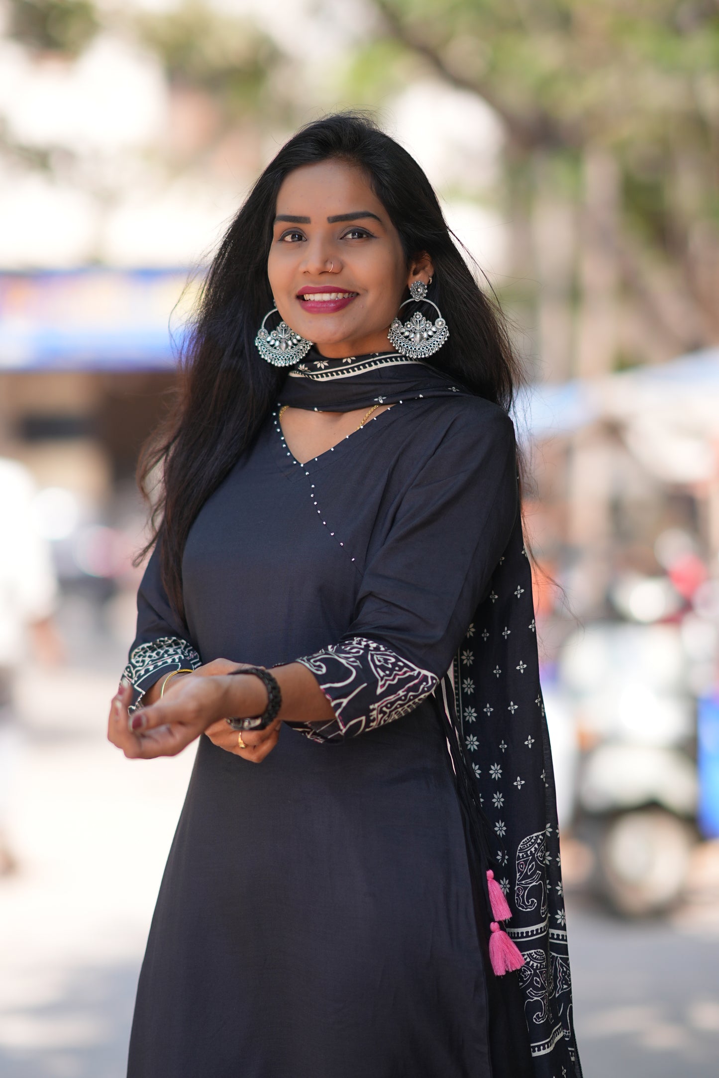 Black Color Pure Muslin 3 Piece Set With Complete Lining With Elephant Print