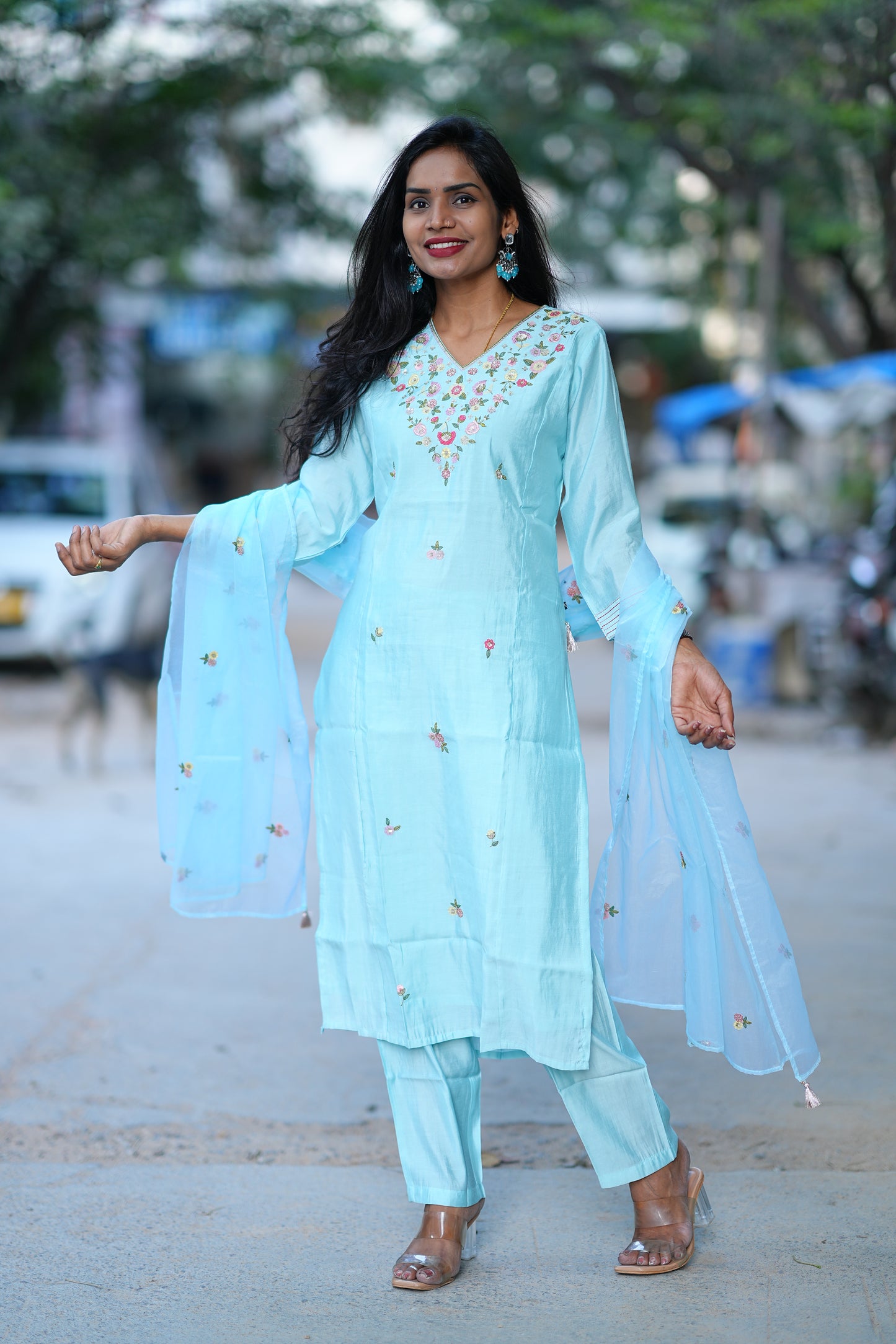 Sky Blue Desginer Wear 3 Piece Set in Viscose Fabric