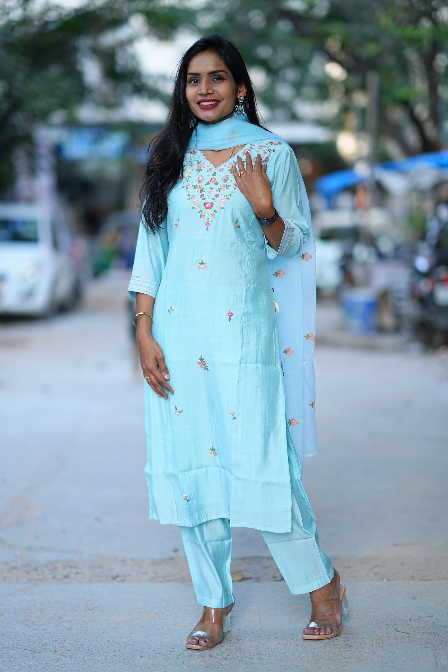 Sky Blue Desginer Wear 3 Piece Set in Viscose Fabric