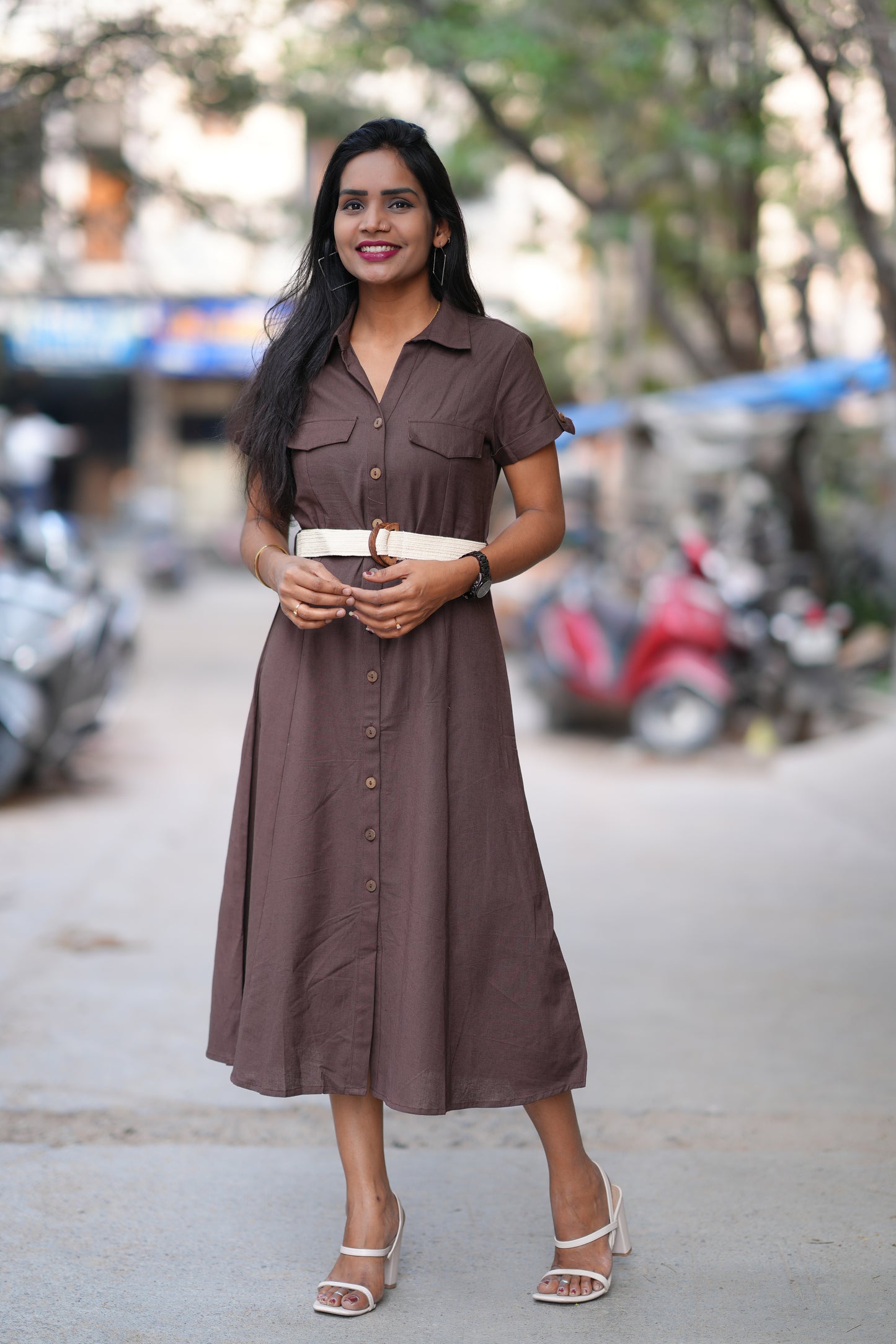 Brown Color Jaipur Cotton Frock With Belt