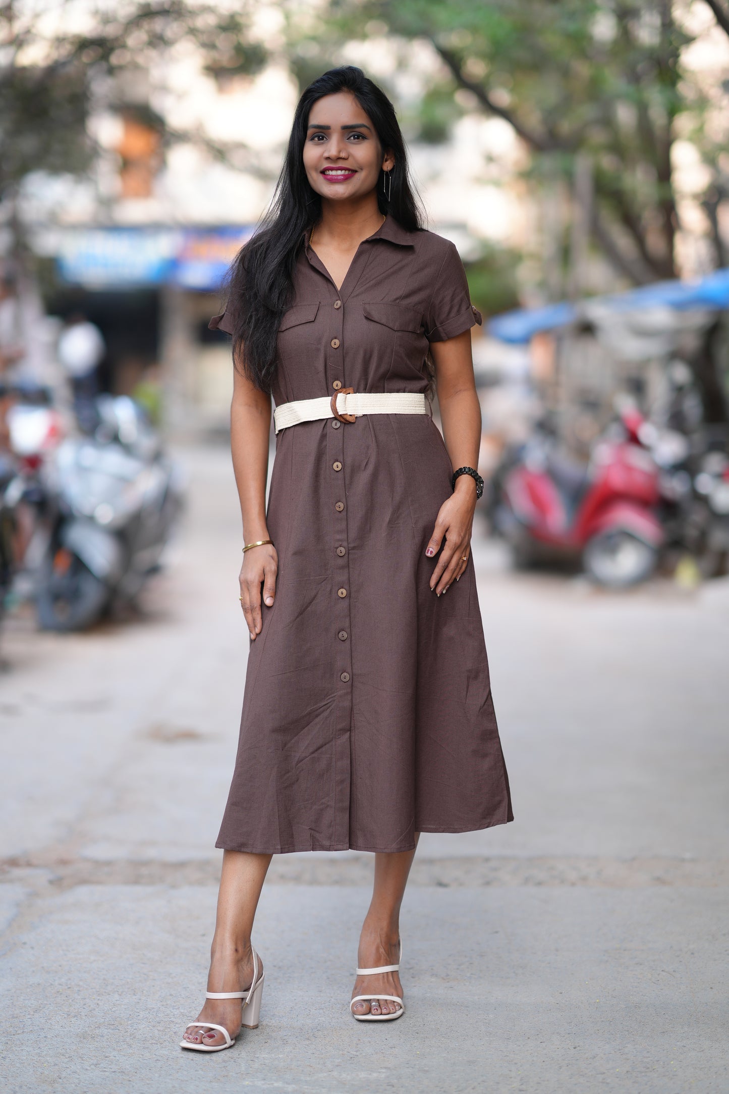 Brown Color Jaipur Cotton Frock With Belt